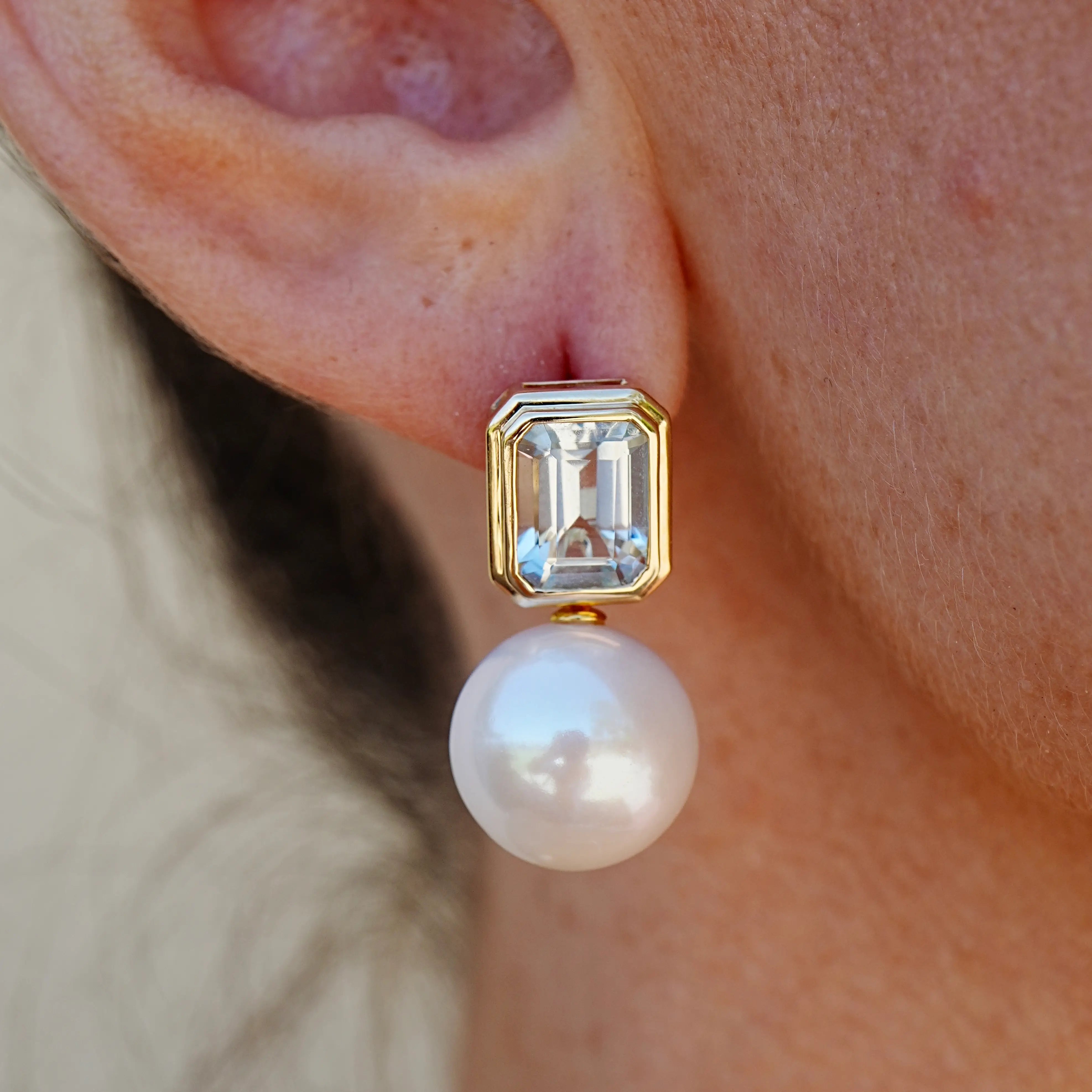 Bella Emerald-Cut Natural Aquamarine 12-13 mm Cultured Pearl Convertible Drop Earrings 14k yellow gold