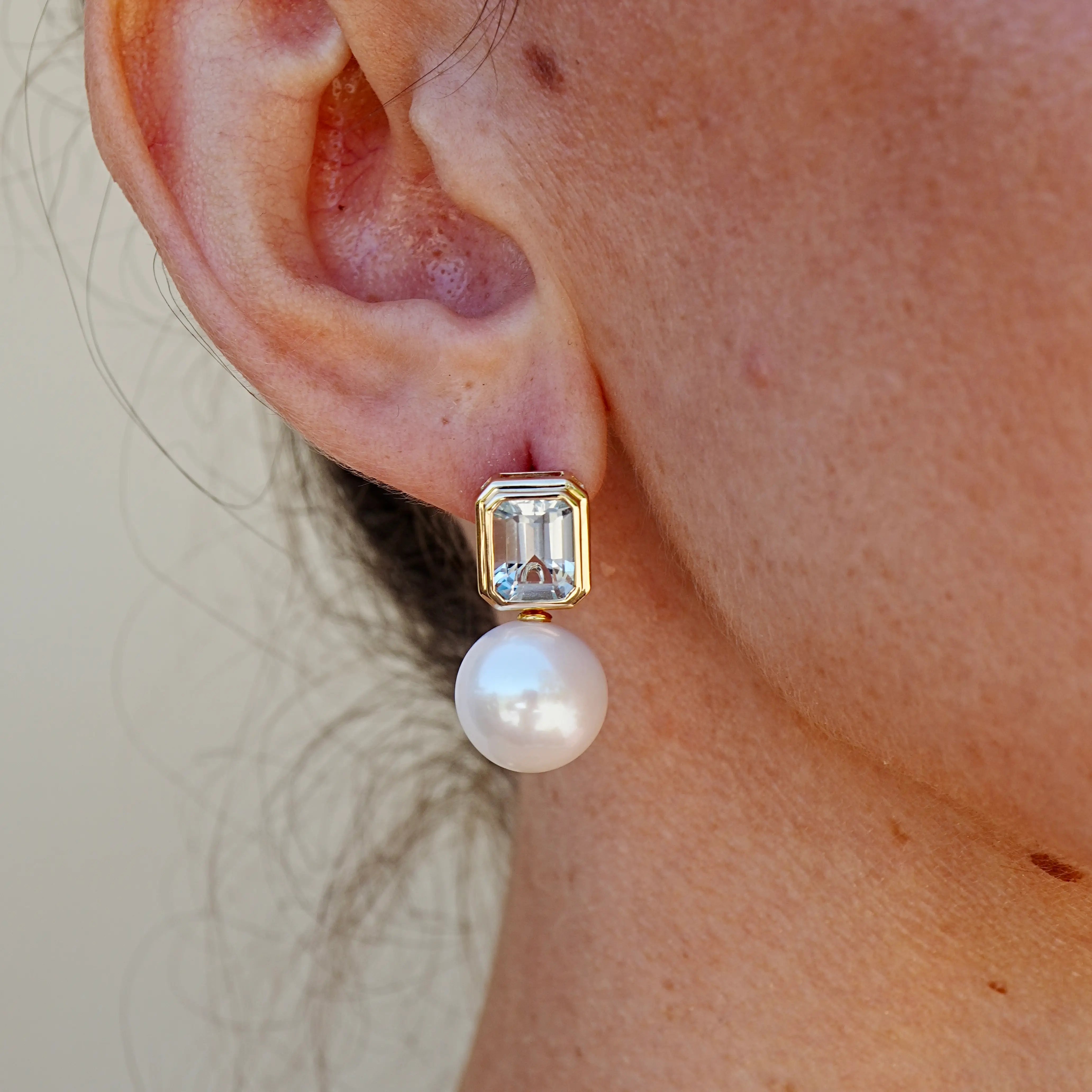 Bella Emerald-Cut Natural Aquamarine 12-13 mm Cultured Pearl Convertible Drop Earrings 14k yellow gold