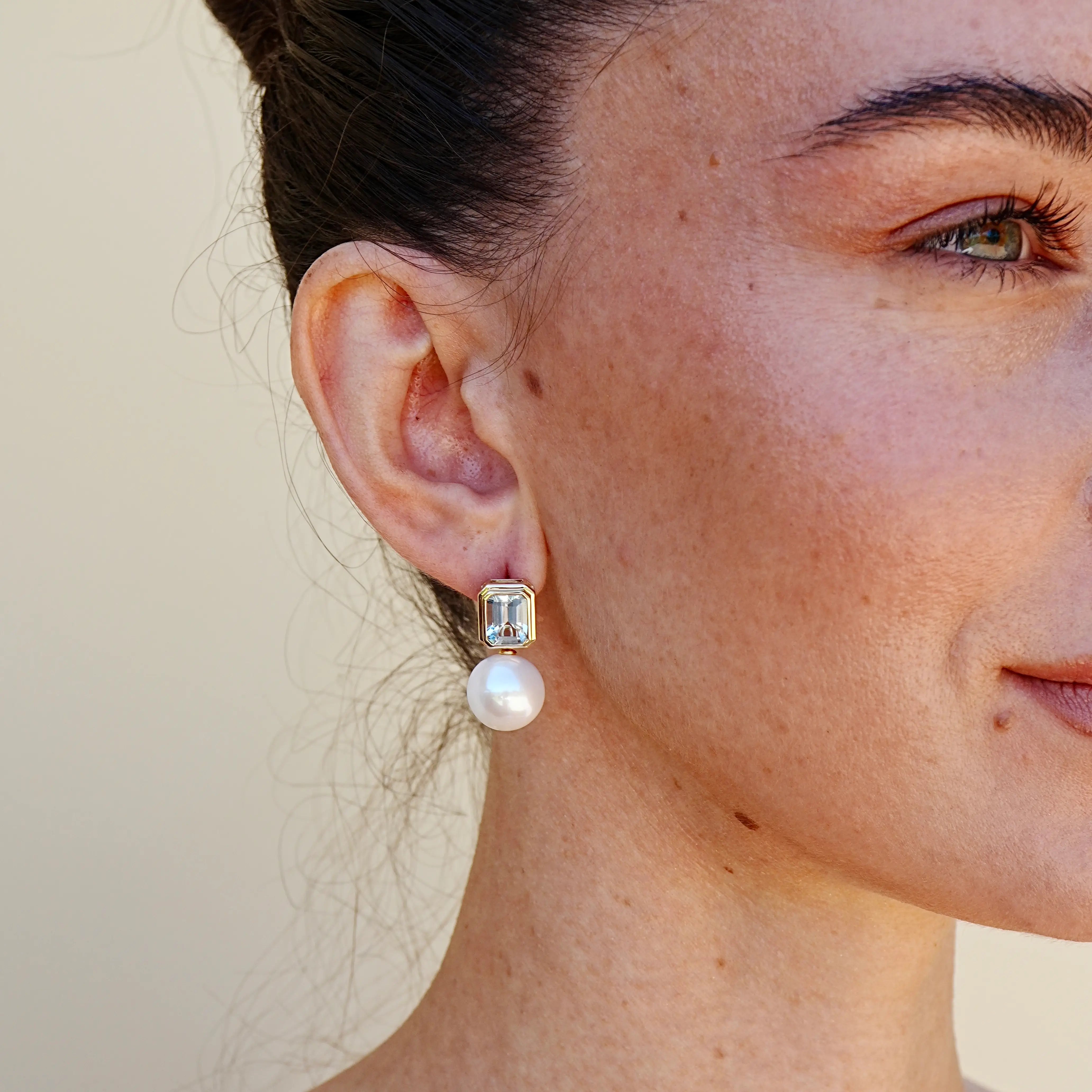 Bella Emerald-Cut Natural Aquamarine 12-13 mm Cultured Pearl Convertible Drop Earrings 14k yellow gold