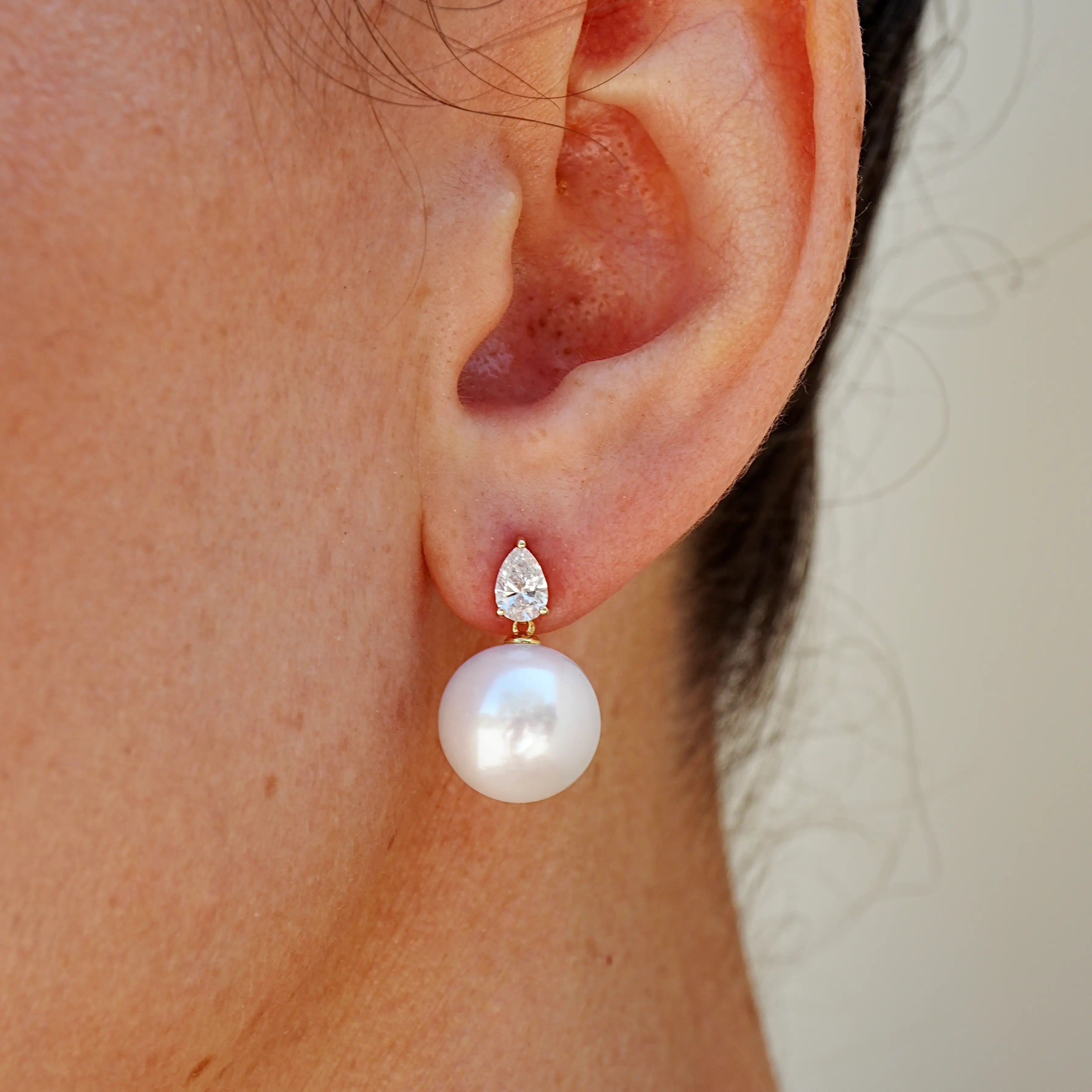 Venus Tears Lab Grown Diamond 12-13mm Cultured Round Pearl Convertible Drop Earrings 14k yellow gold
