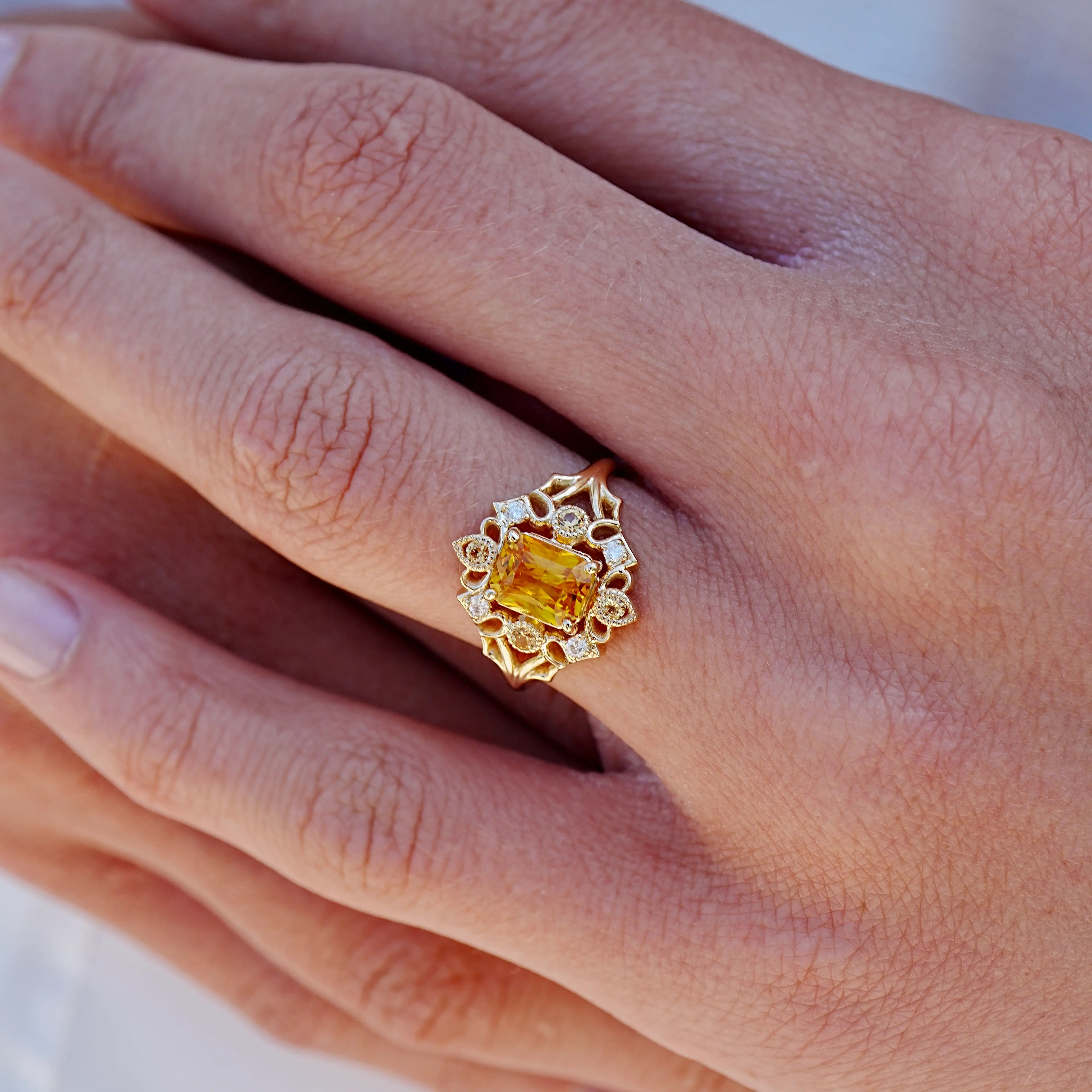 Renaissance Natural Citrine Diamond Cocktail Ring 14k yellow gold