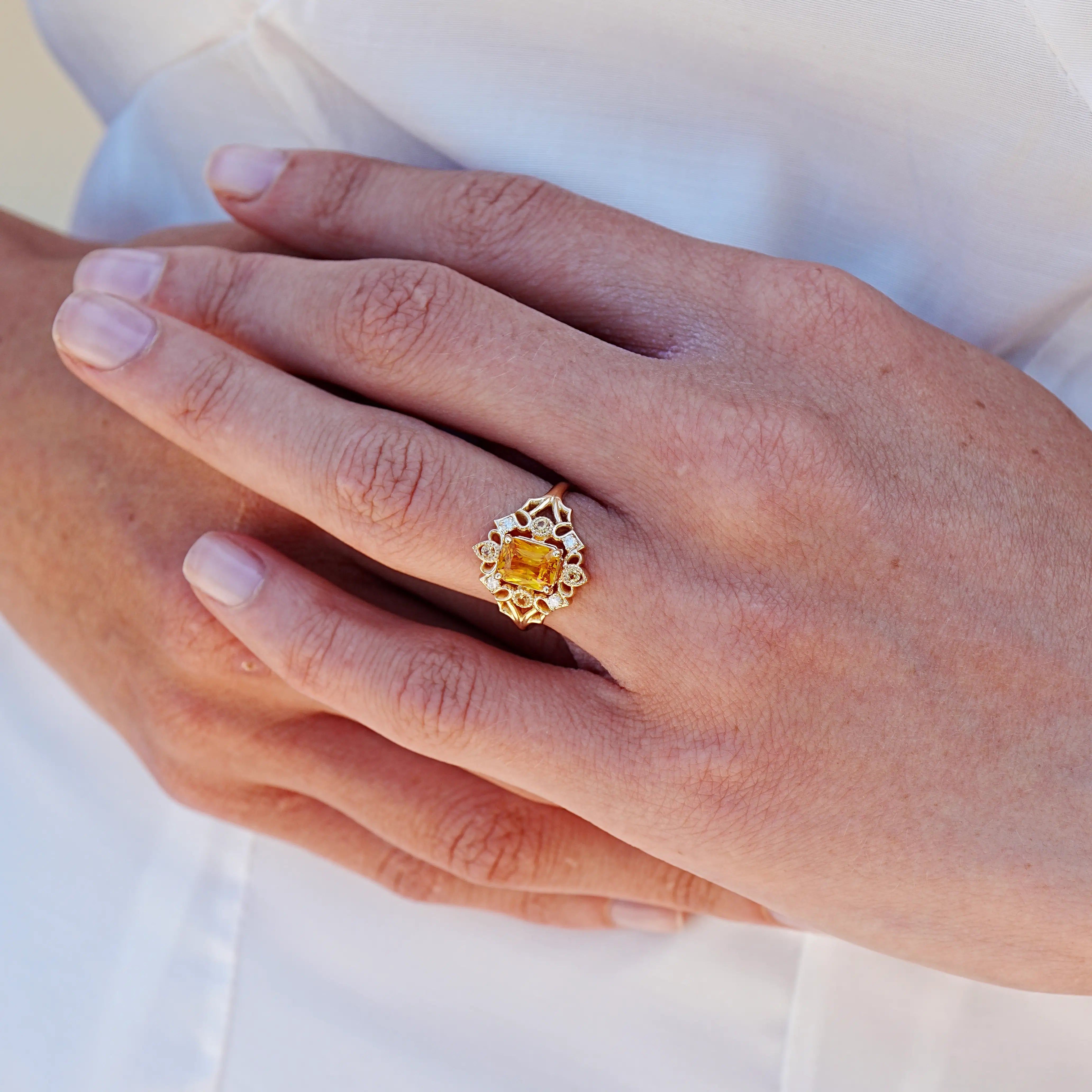 Renaissance Natural Citrine Diamond Cocktail Ring 14k yellow gold