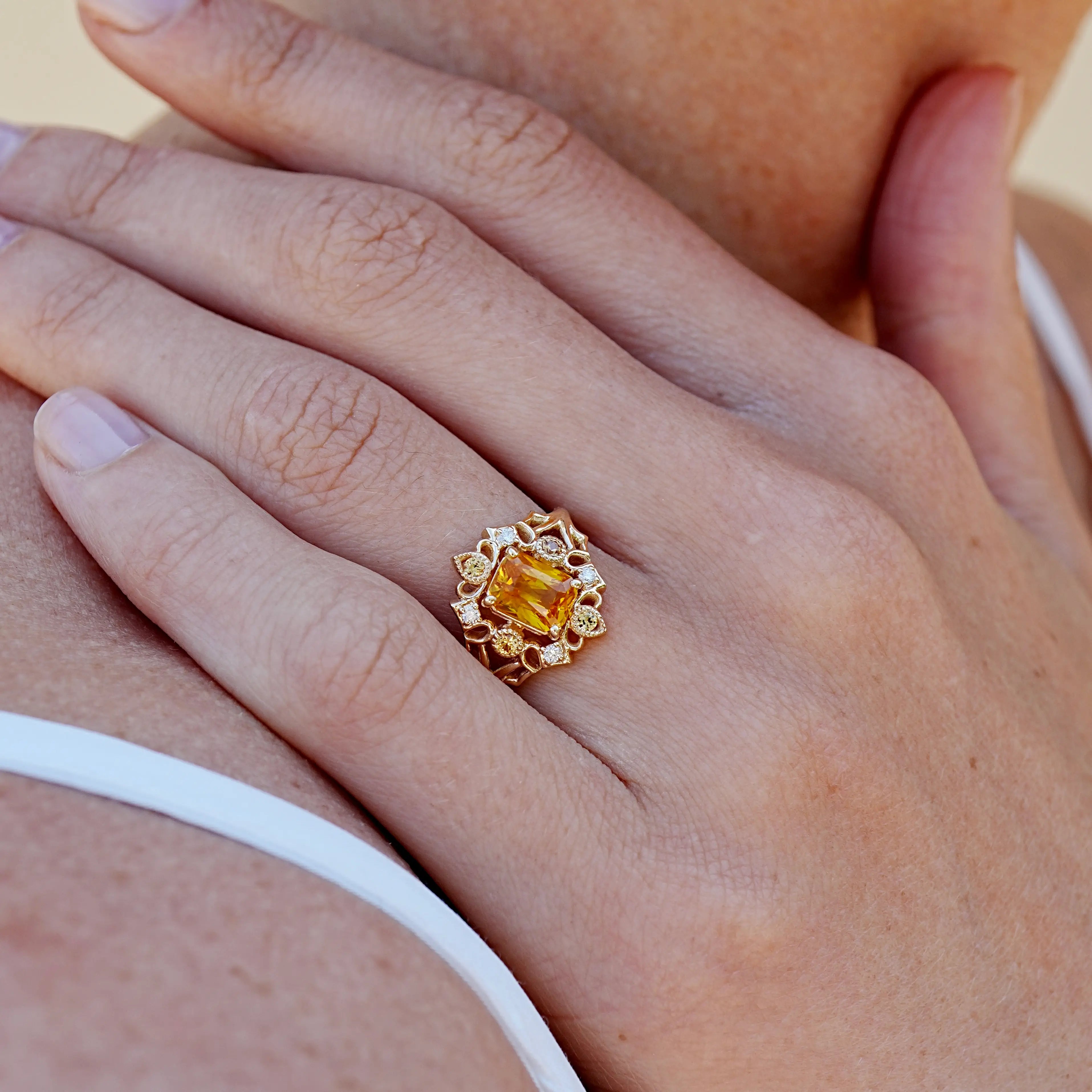 Renaissance Natural Citrine Diamond Cocktail Ring 14k yellow gold