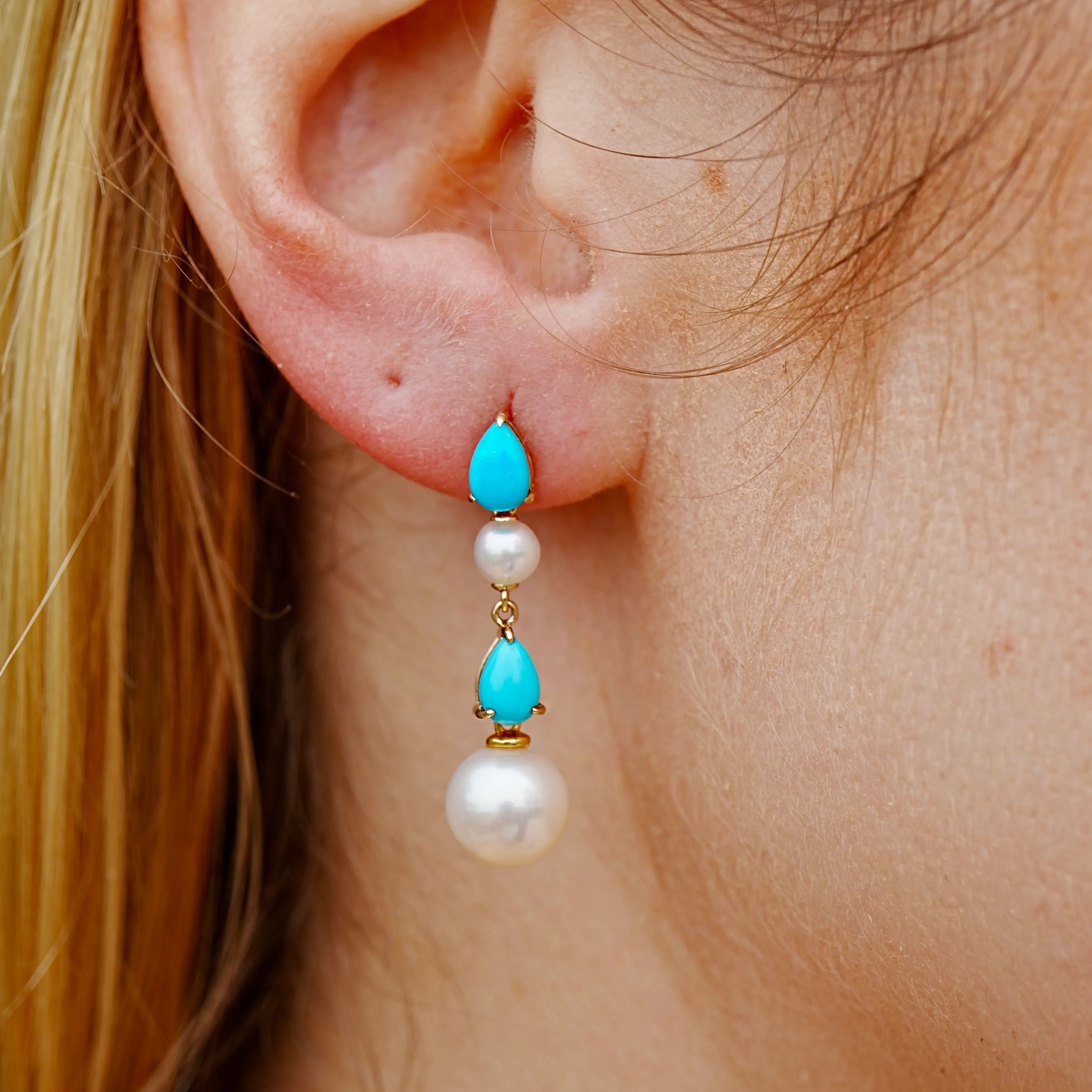 Venus Tears Natural Turquoise Duo Pearl Drop Earrings 14k yellow gold