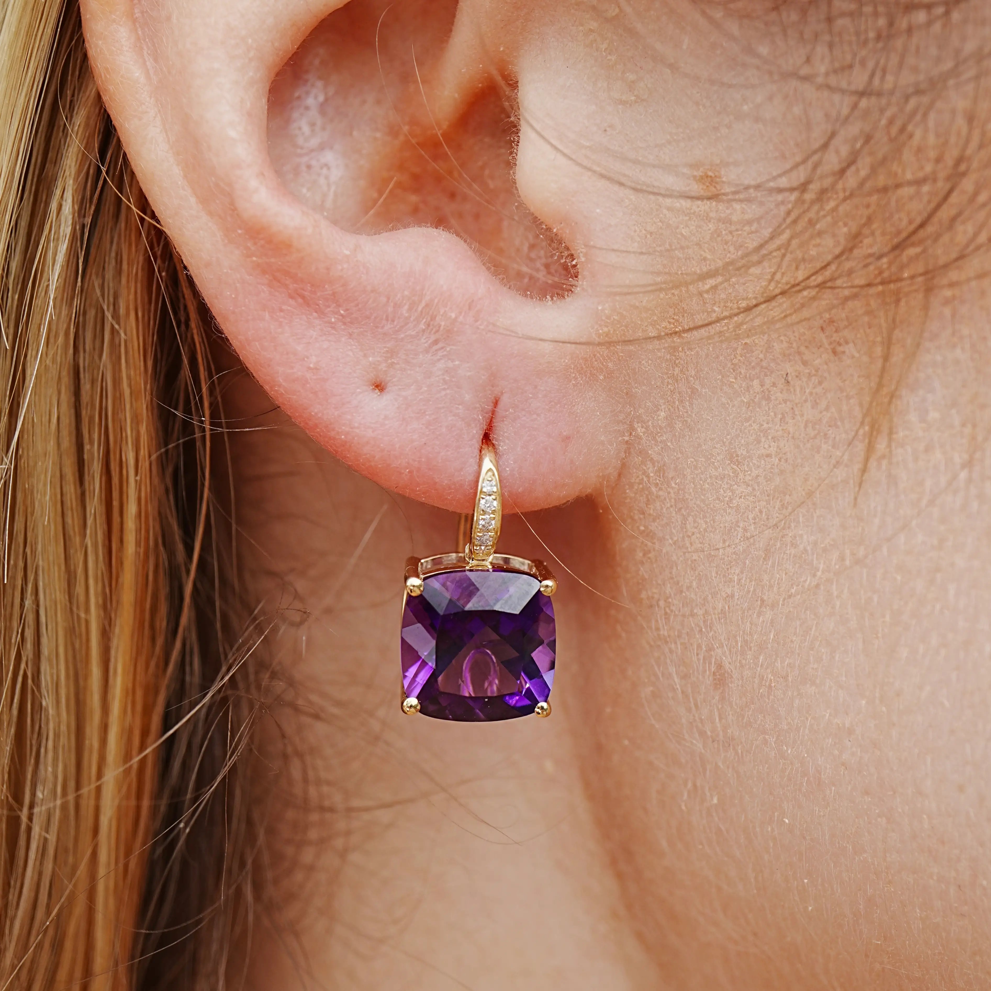 Radiant Cushion Amethyst Diamond Drop Earrings 14k yellow gold