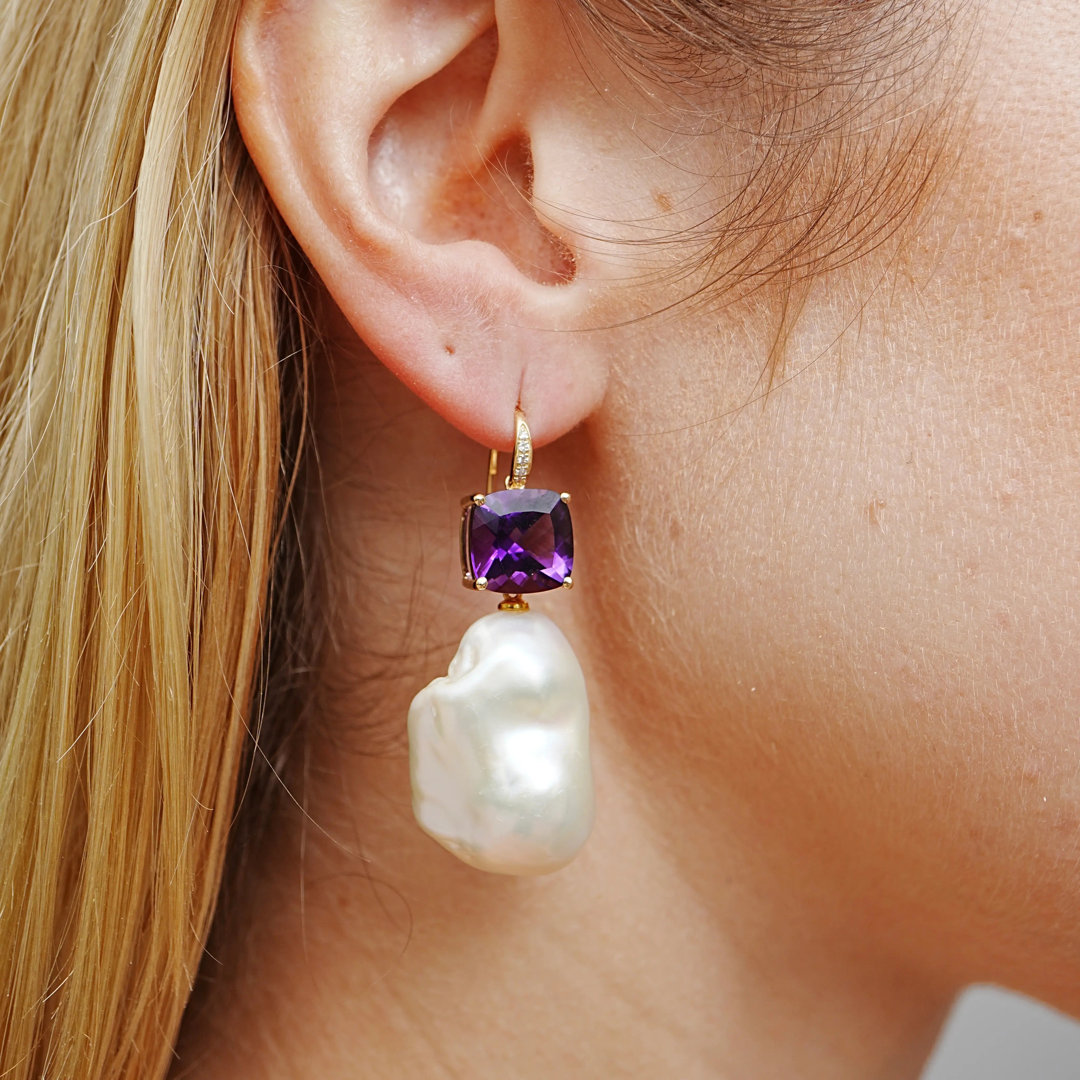 Radiant Cushion Amethyst Diamond Baroque Pearl Convertible Drop Earrings 14k yellow gold