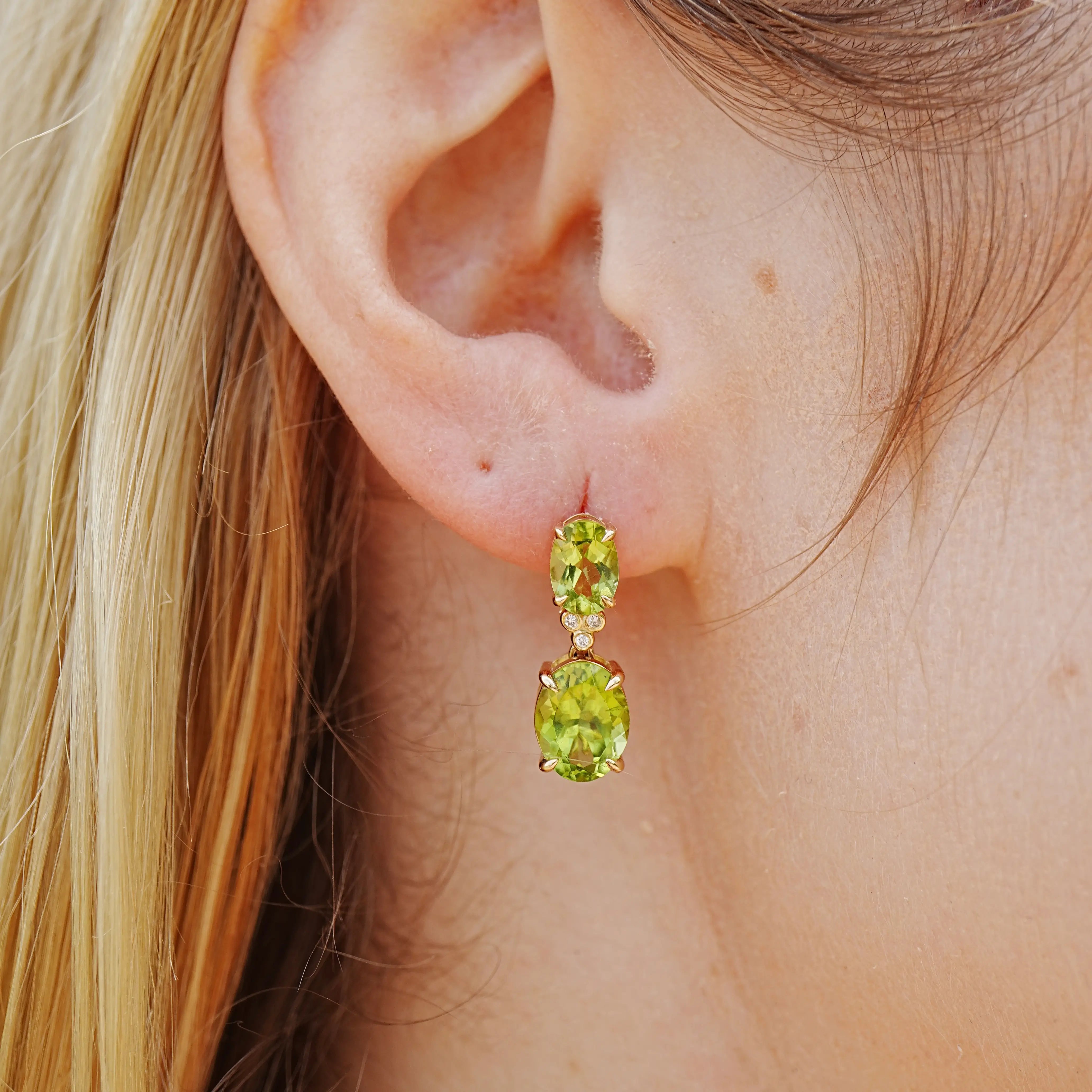 Divina Oval Peridot Diamond Drop Earrings 14k yellow gold