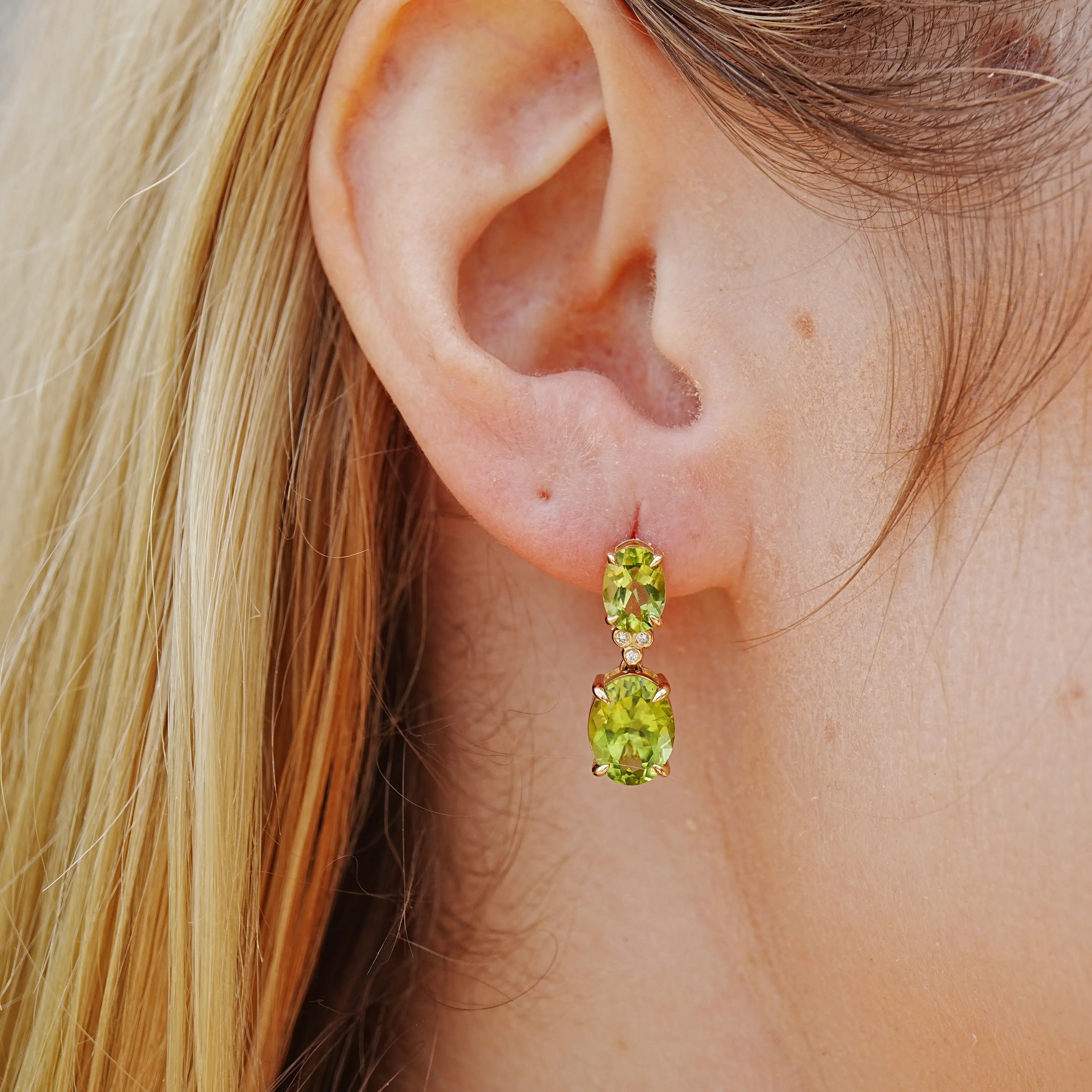 Divina Oval Peridot Diamond Drop Earrings 14k yellow gold
