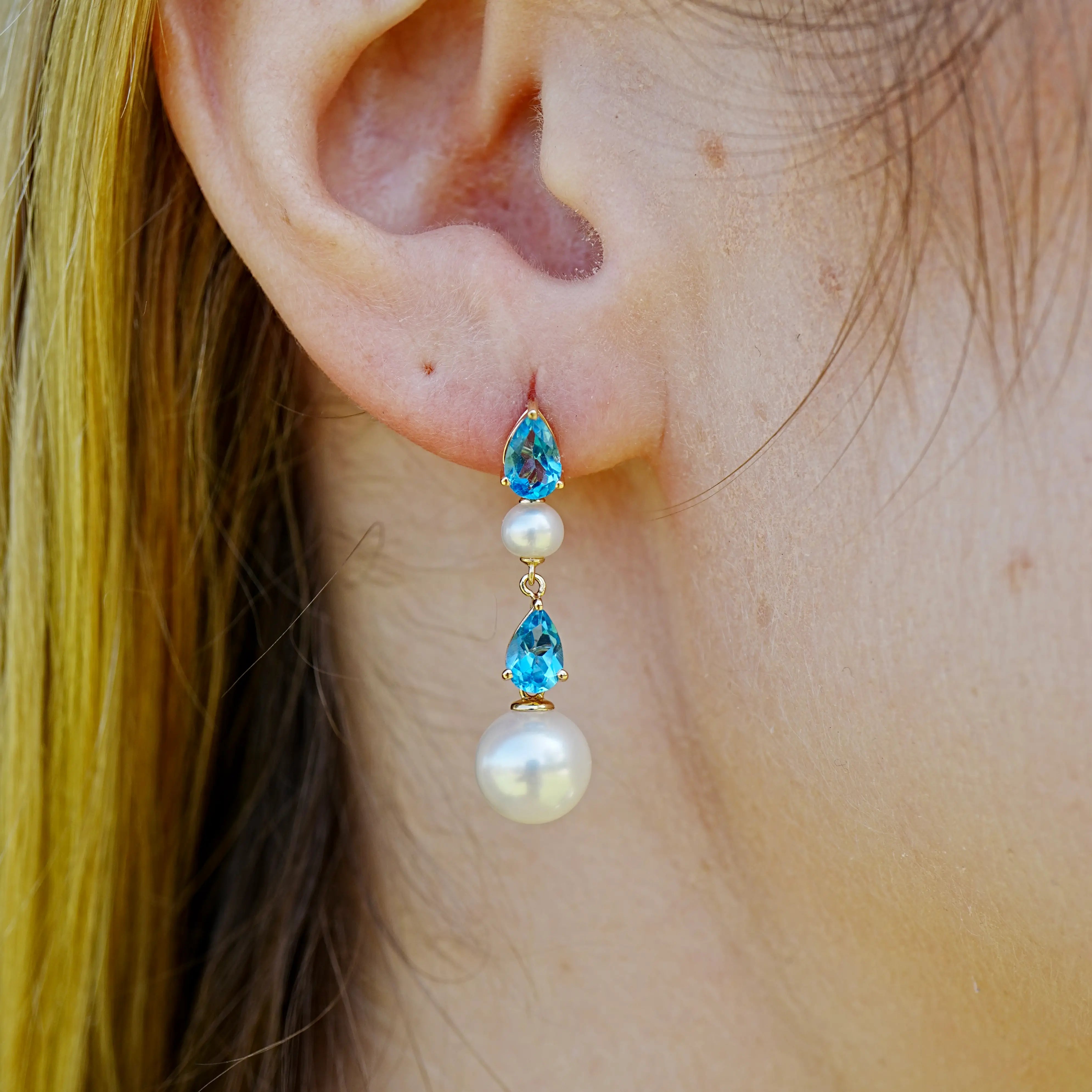 Venus Tears Natural Topaz Duo Pearl Drop Earrings 14k yellow gold