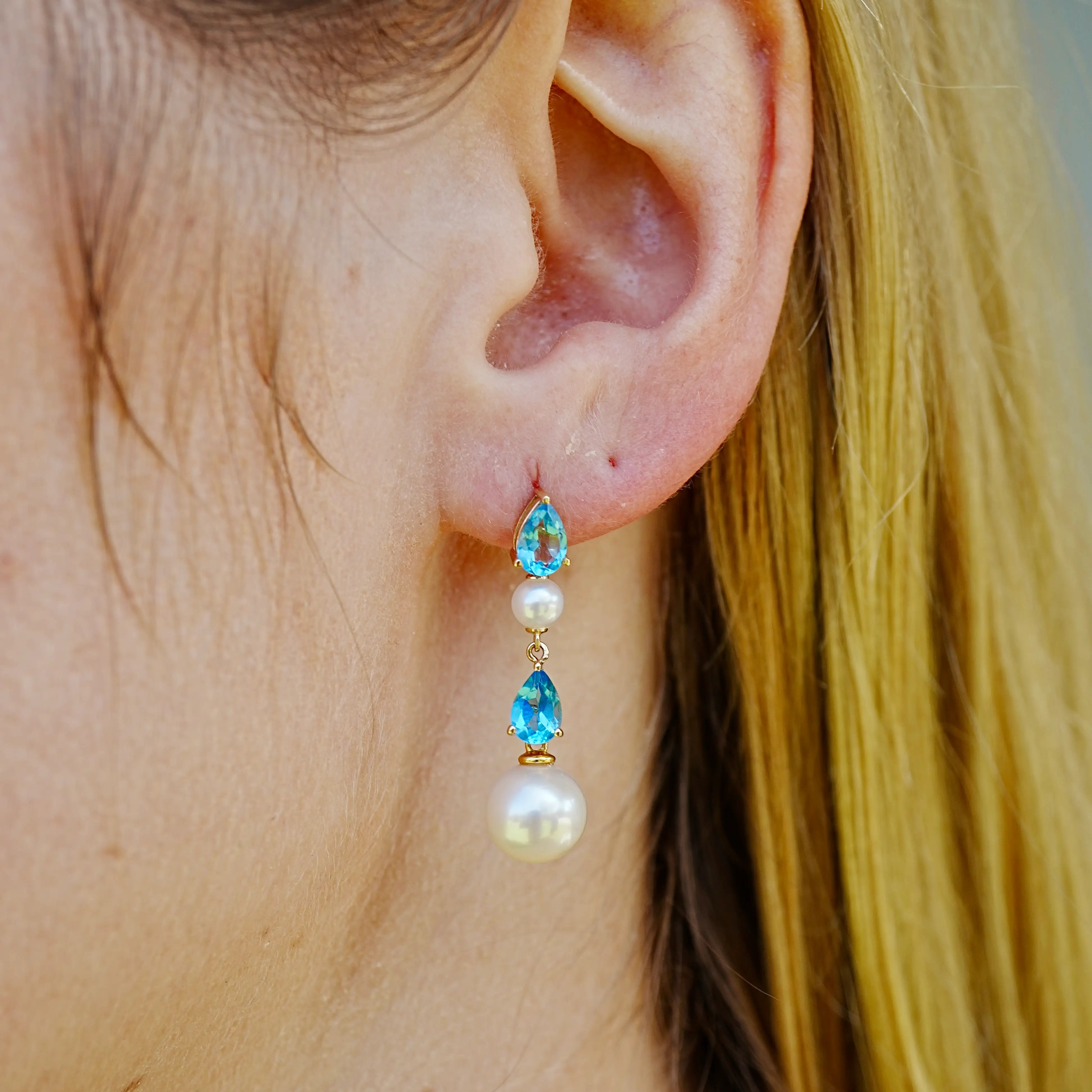 Venus Tears Natural Topaz Duo Pearl Drop Earrings 14k yellow gold