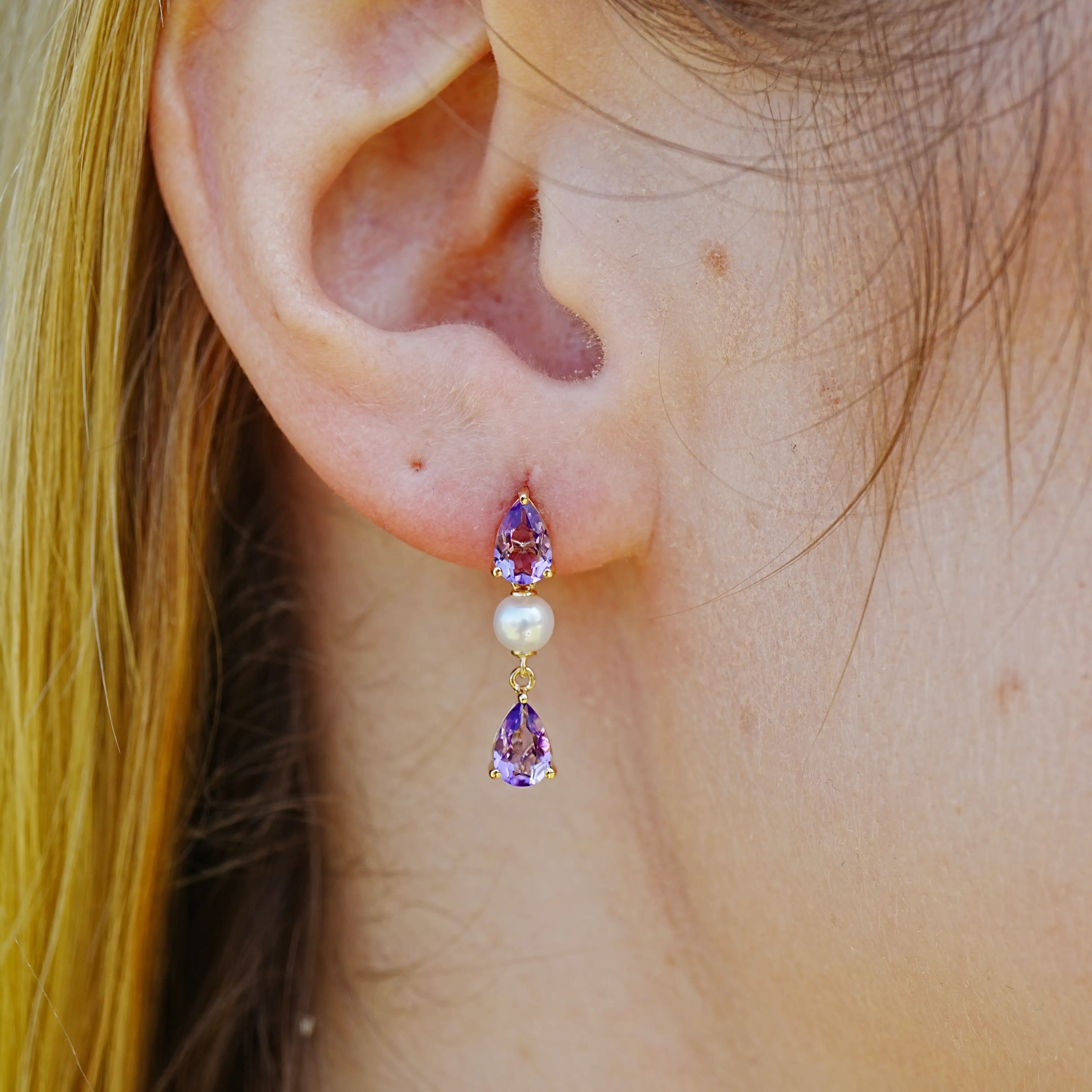 Venus Tears Natural Purple Amethyst Pearl Drop Earrings 14k yellow gold