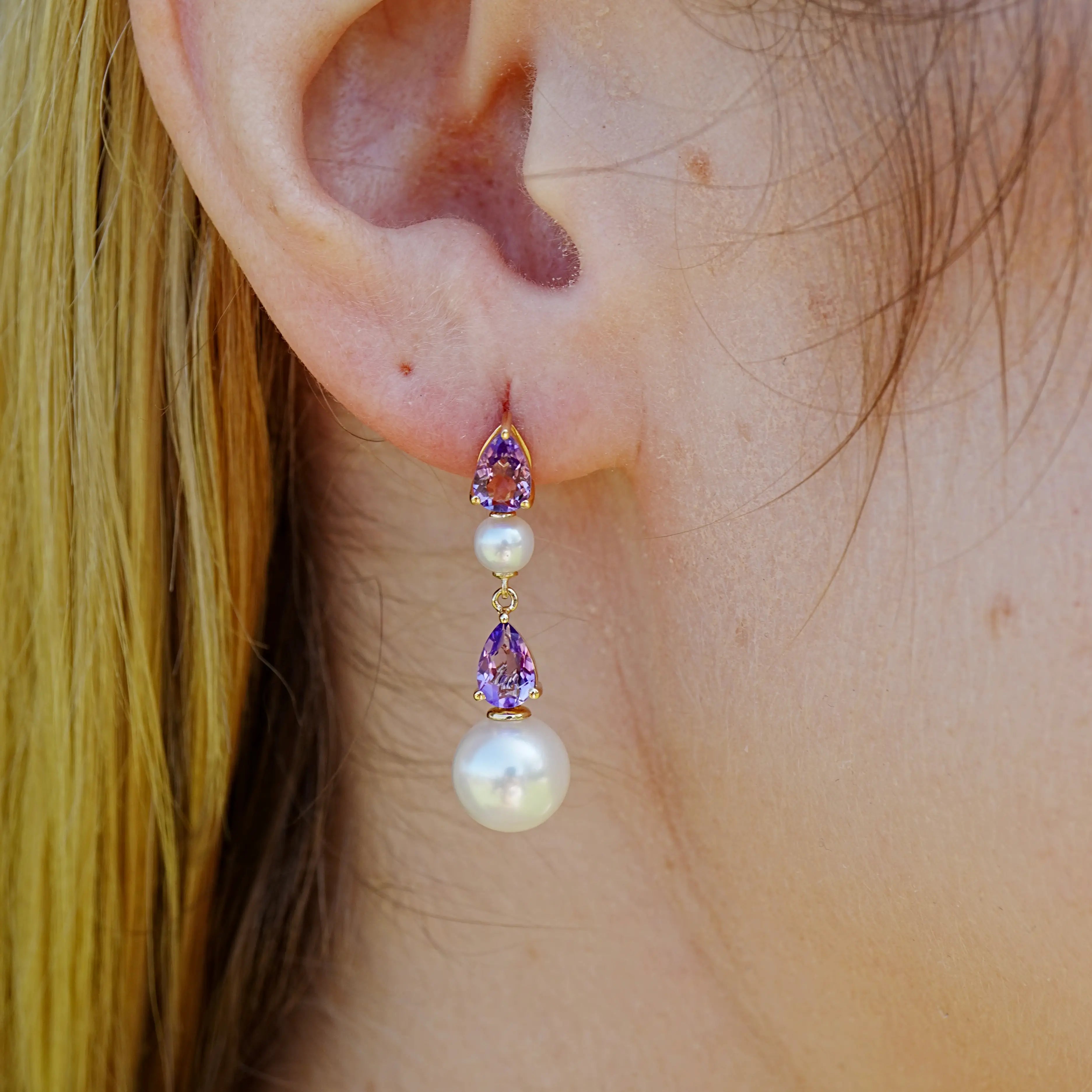 Venus Tears Natural Amethyst Pearl Drop Earrings 14k yellow gold