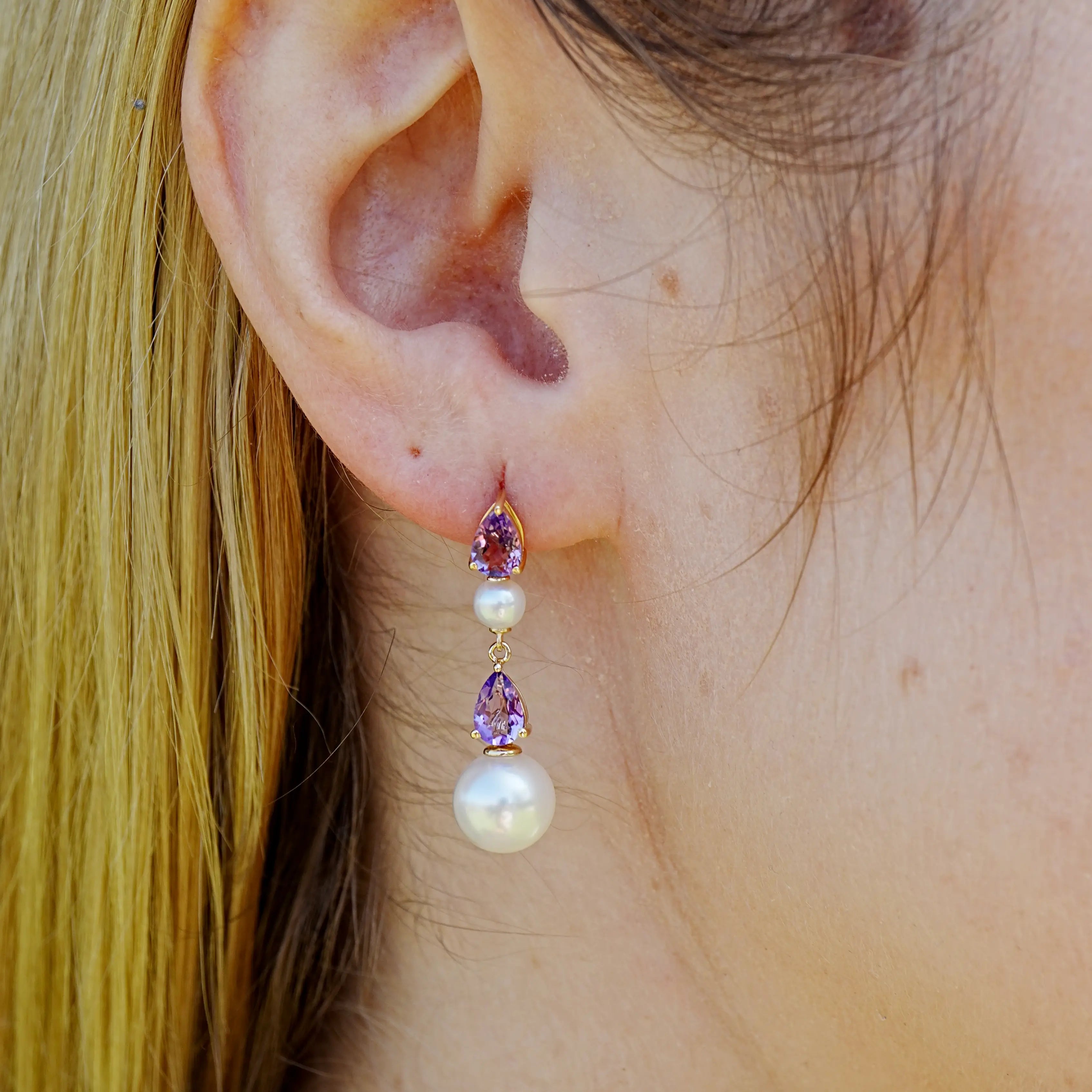 Venus Tears Natural Amethyst Pearl Drop Earrings 14k yellow gold