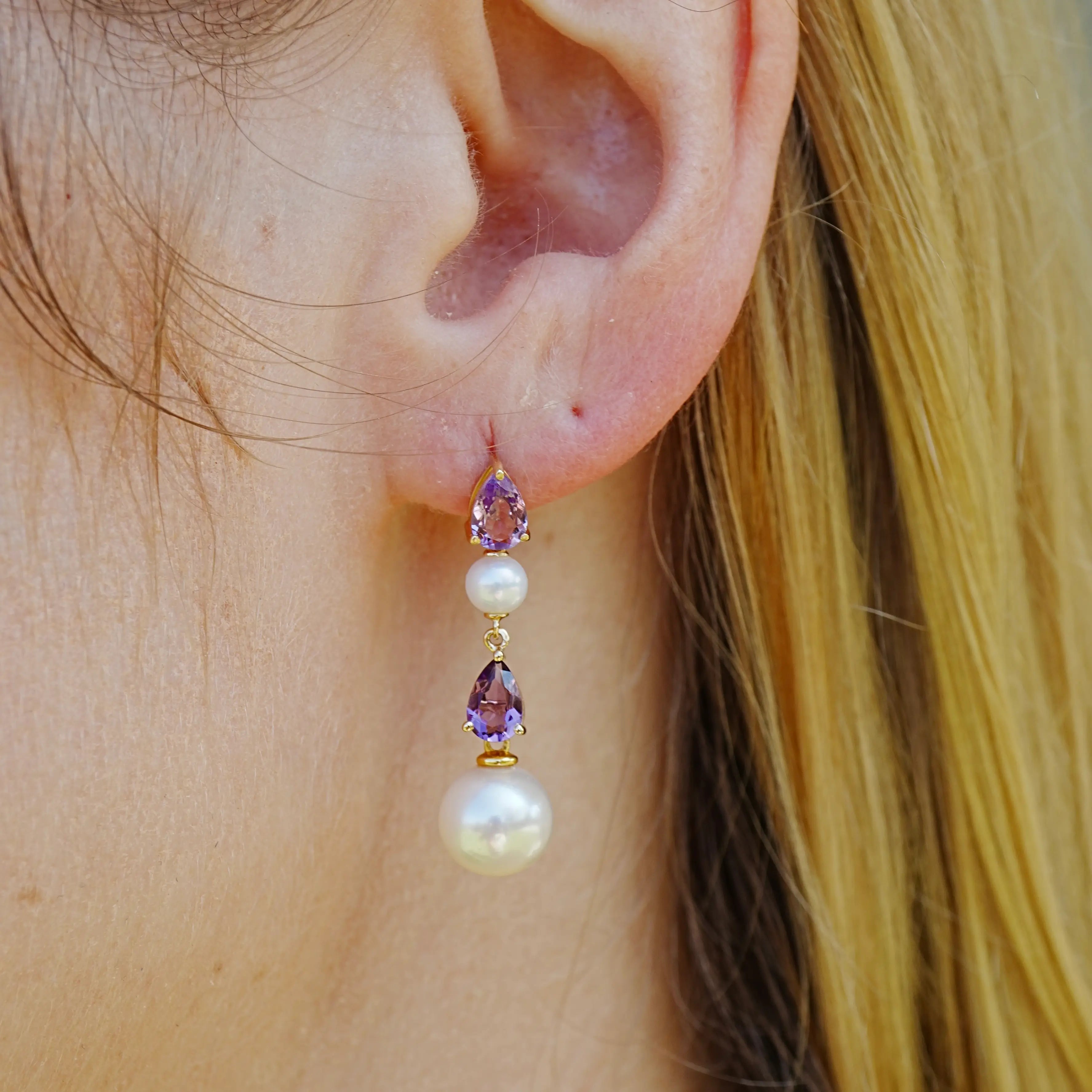 Venus Tears Natural Amethyst Pearl Drop Earrings 14k yellow gold