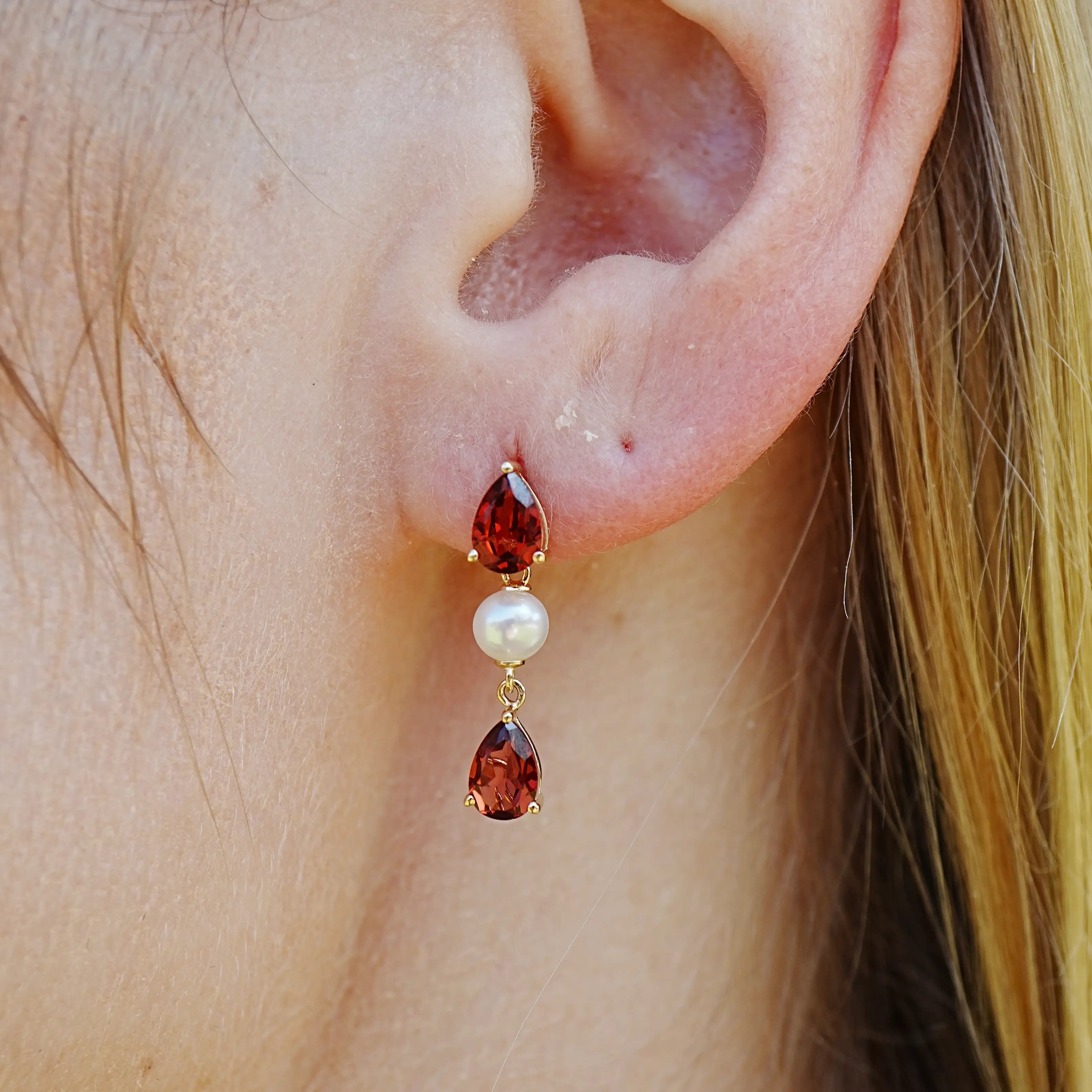 Venus Tears Natural Red Garnet Pearl Drop Earrings 14k yellow gold