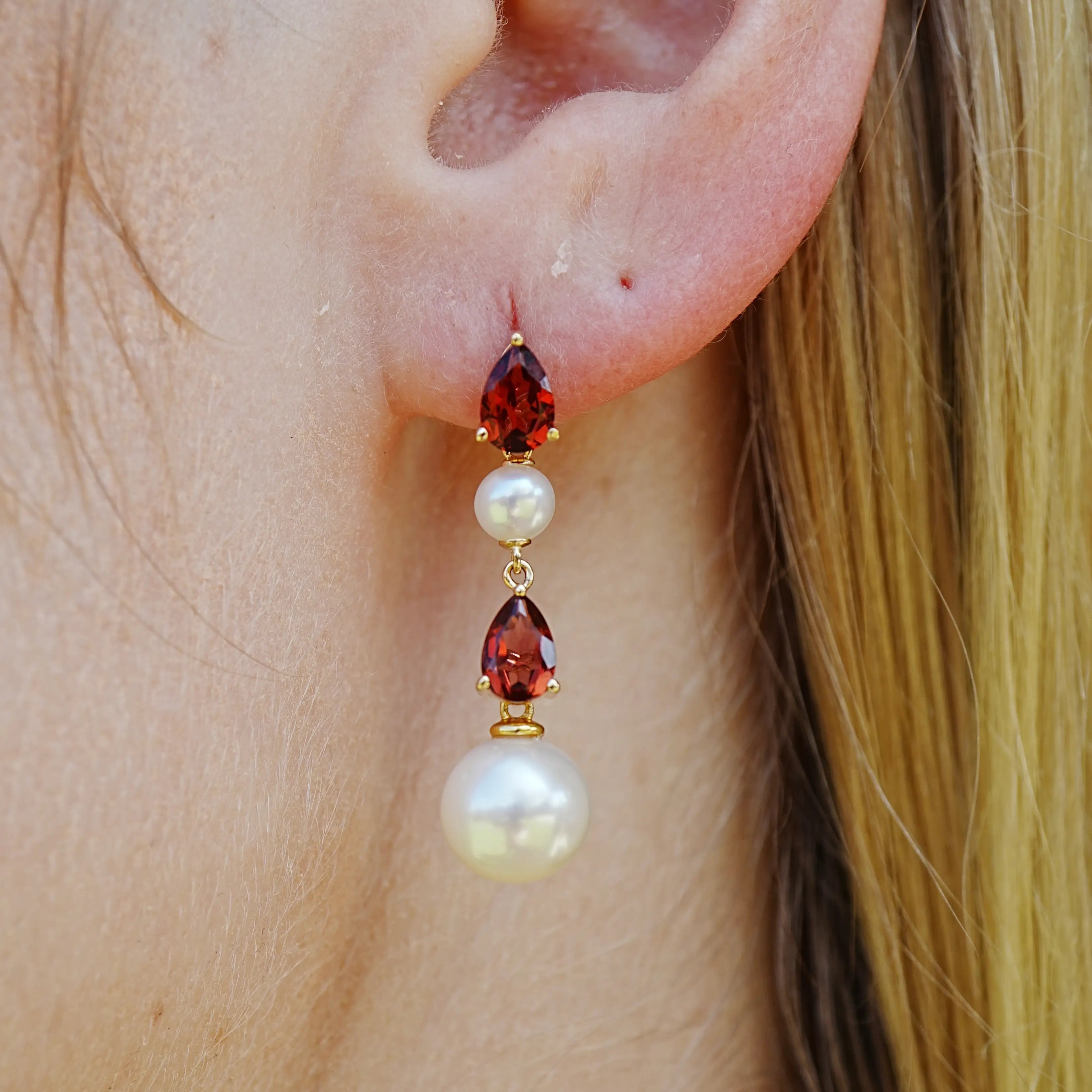 Venus Tears Natural Garnet Duo Cultured Pearl Drop Earrings 14k Yellow Gold