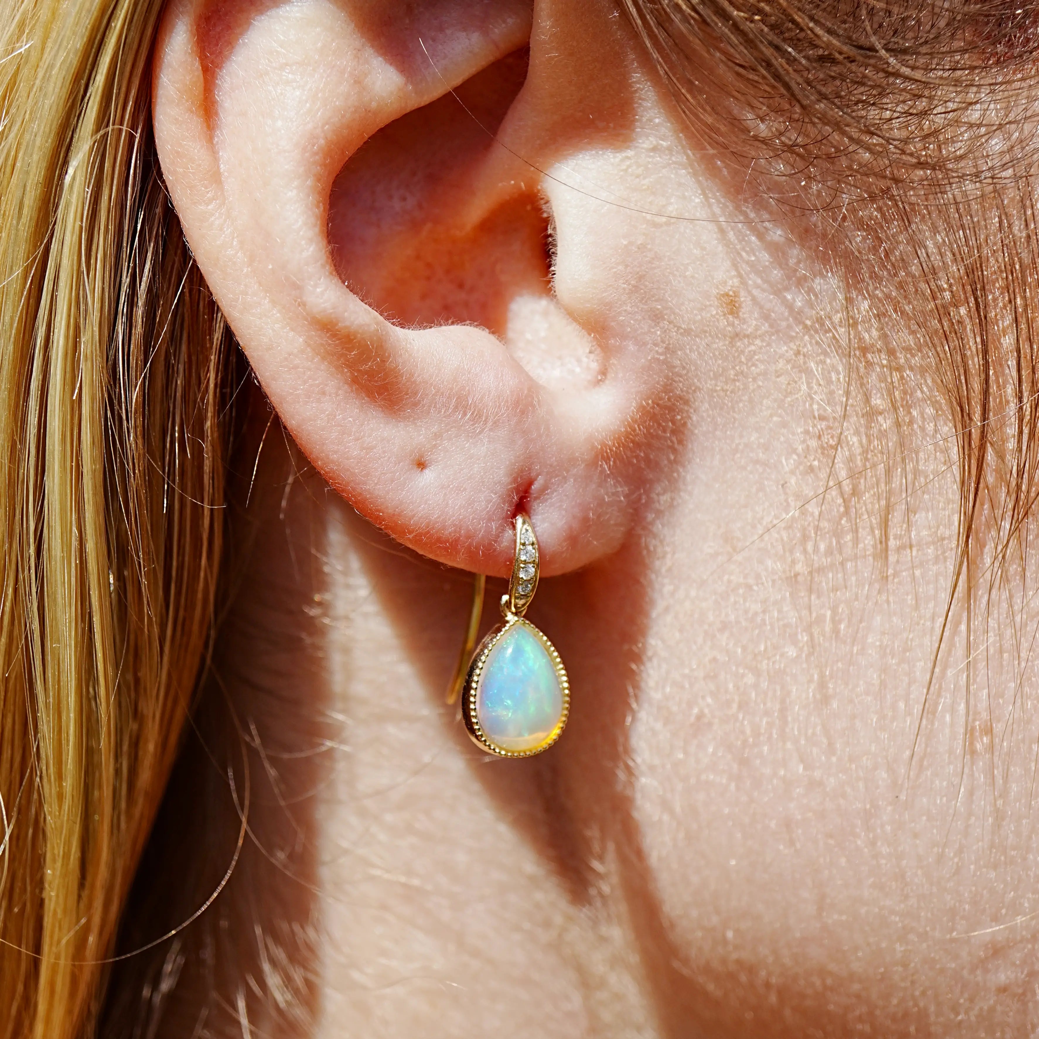 Aurora Pear Natural Fire Opal Diamond Drop Earrings 14k yellow gold