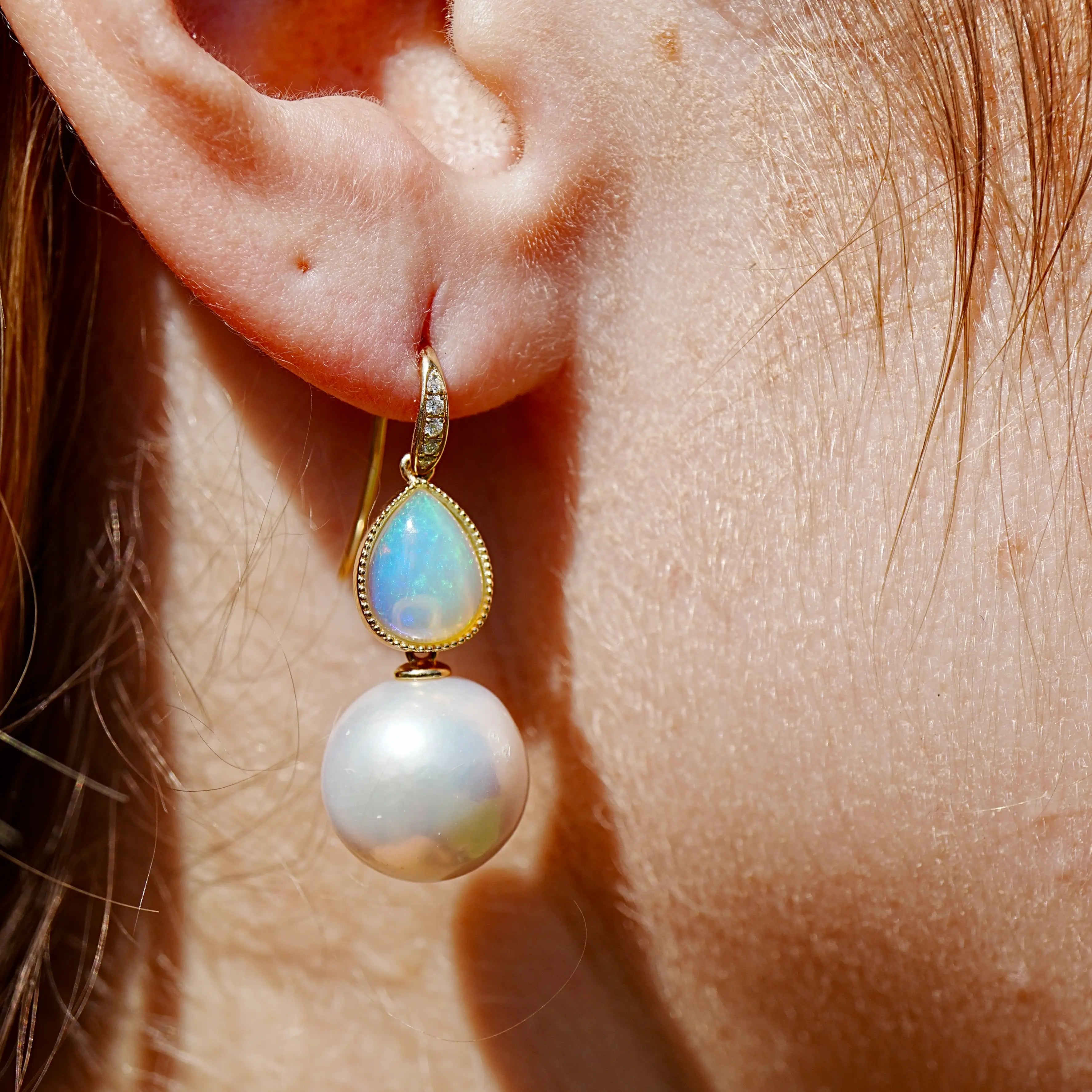 Aurora Pear Natural Fire Opal Diamond Pearl Convertible Drop Earrings 14k yellow gold