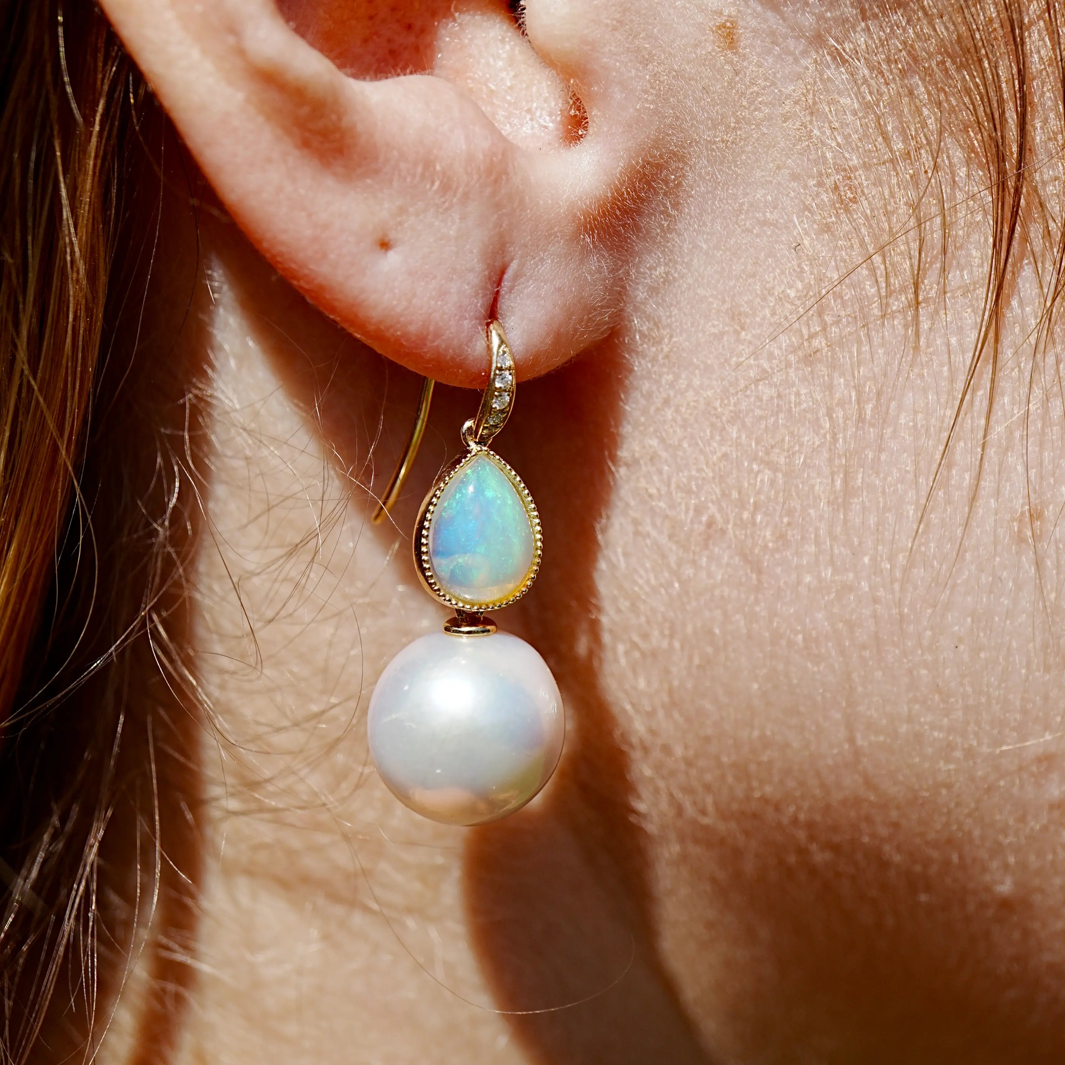 Aurora Pear Natural Fire Opal Diamond Pearl Convertible Drop Earrings 14k yellow gold