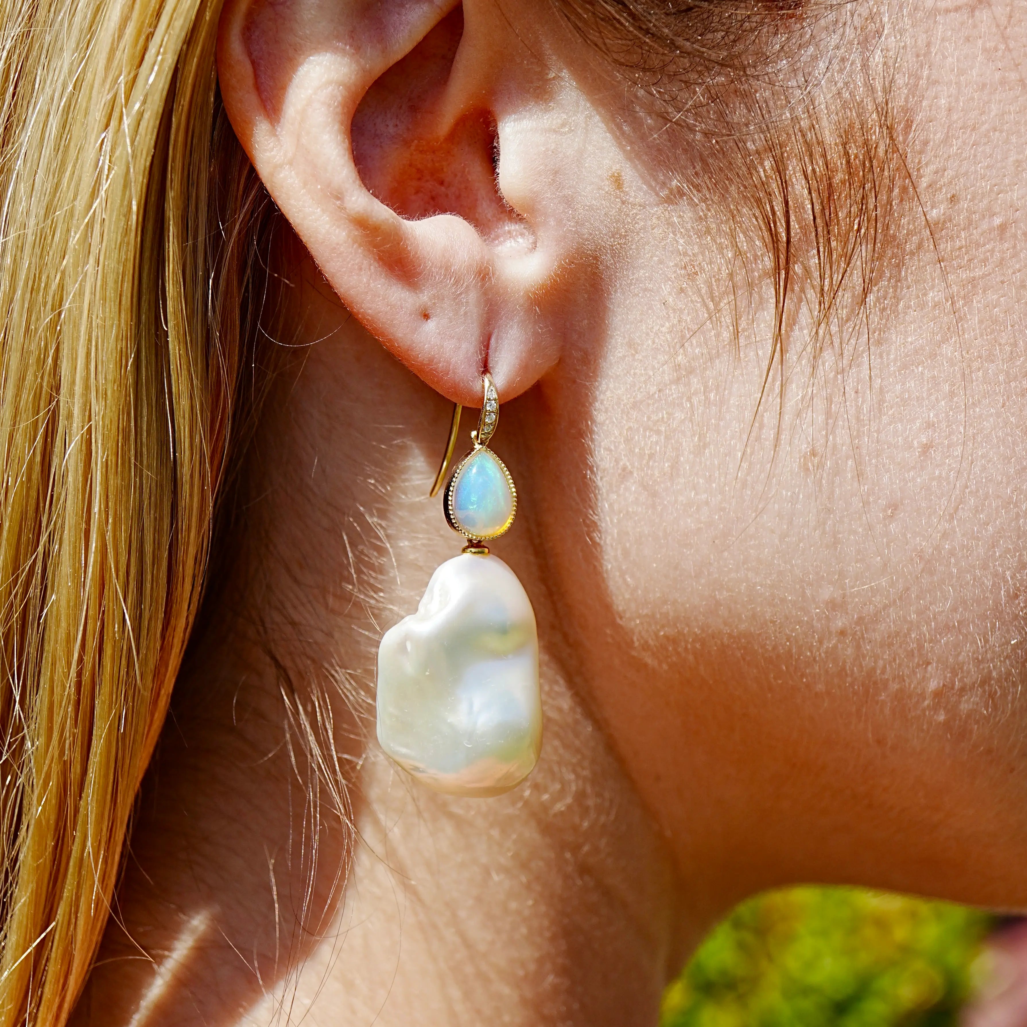 Aurora Pear Natural Fire Opal Diamond Baroque Pearl Convertible Drop Earrings 14k yellow gold