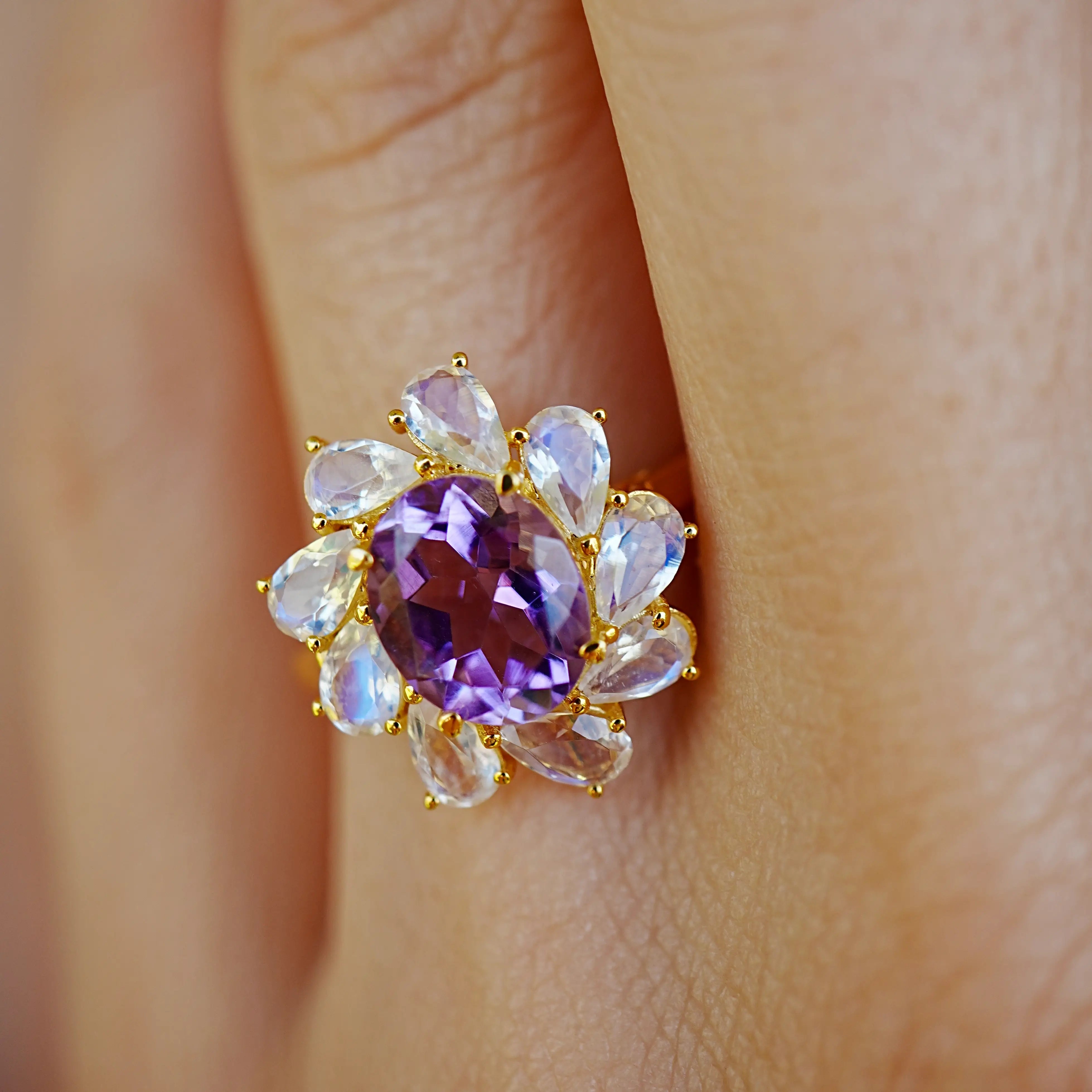 Mellissa Natural Amethyst Moonstone Ring 14k yellow gold