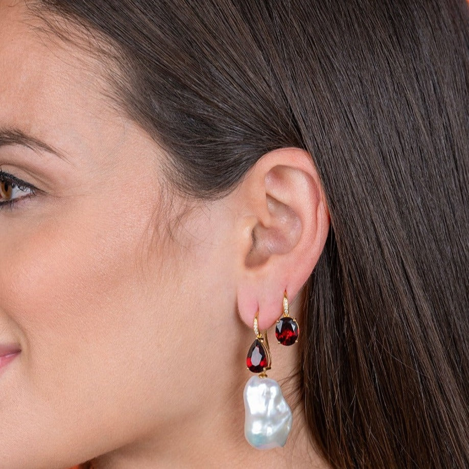 Radiant Oval Garnet Diamond Pearl Convertible Drop Earrings