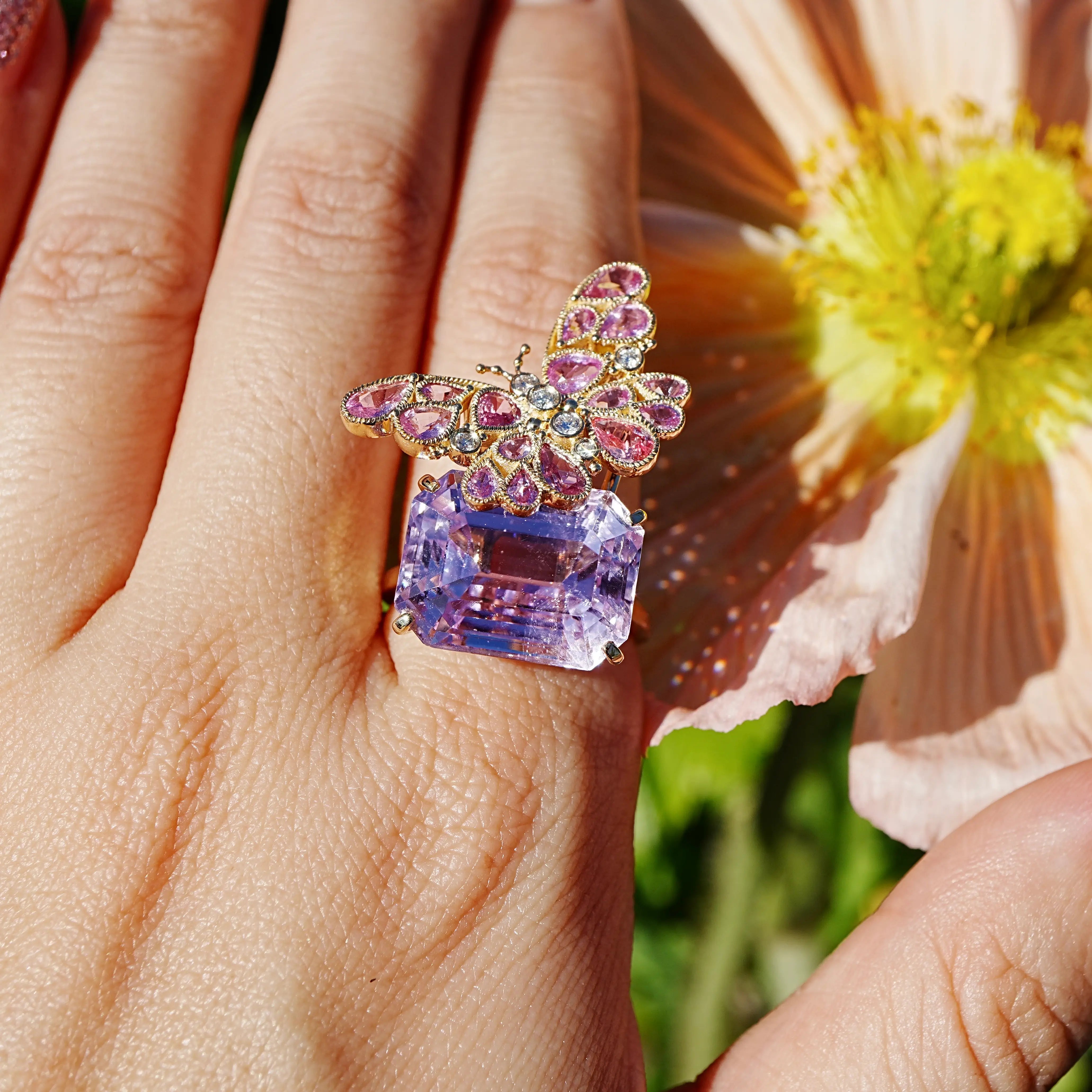 14k gold Nina Zhou x Kai Natural Pink Sapphire Diamond Butterfly on Kunzite Ring (One-of-a-Kind)