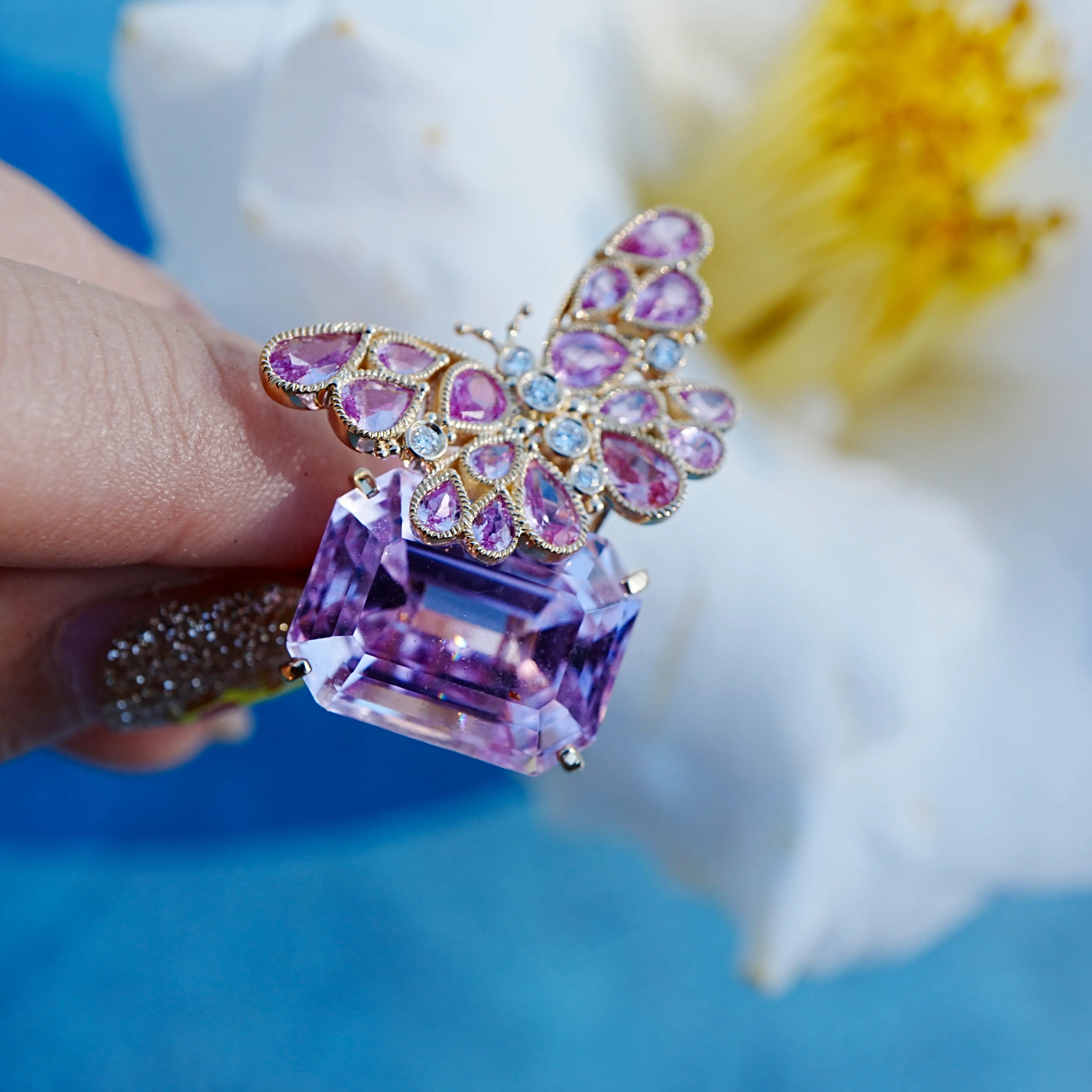 14k gold Nina Zhou x Kai Natural Pink Sapphire Diamond Butterfly on Kunzite Ring (One-of-a-Kind)