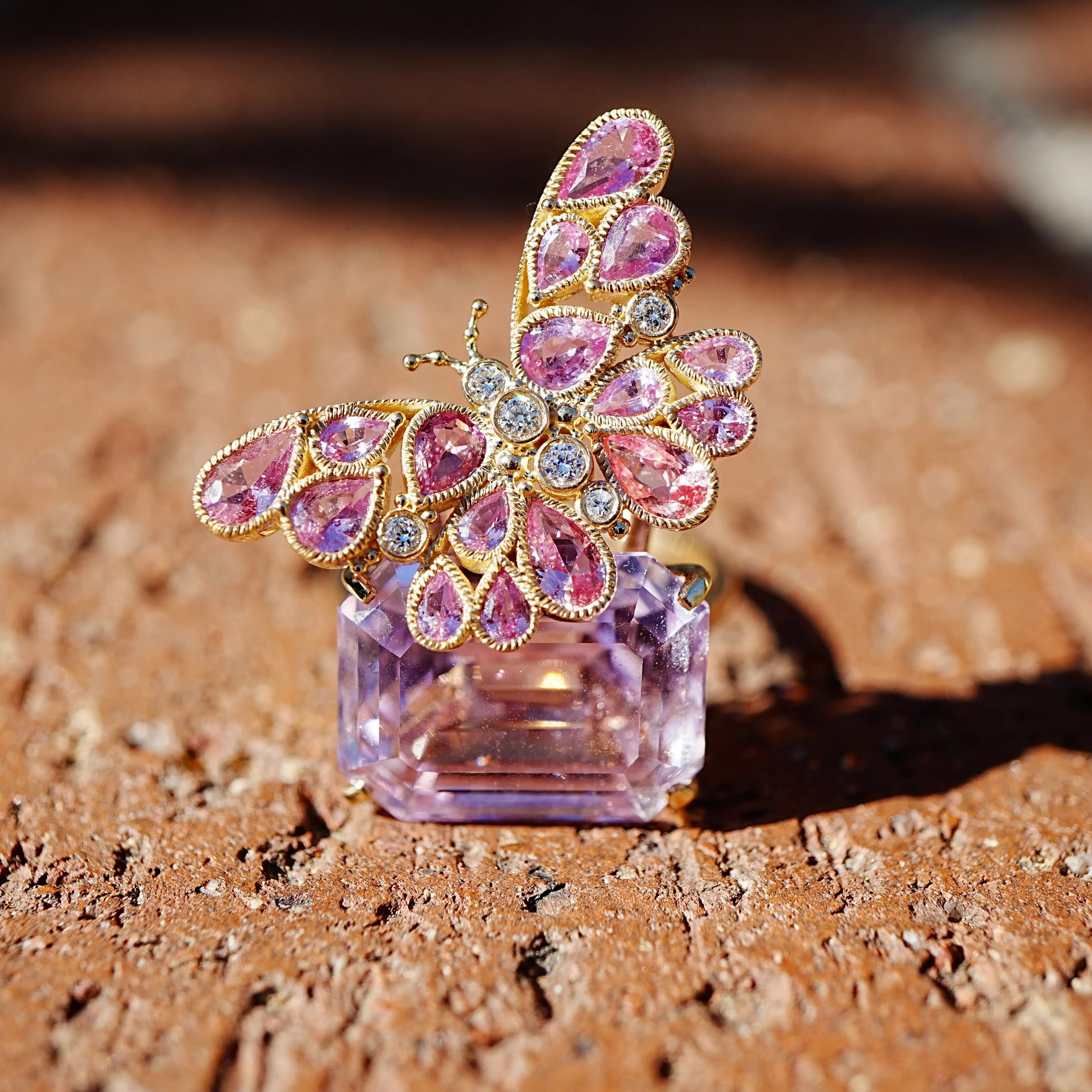 14k gold Nina Zhou x Kai Natural Pink Sapphire Diamond Butterfly on Kunzite Ring (One-of-a-Kind)