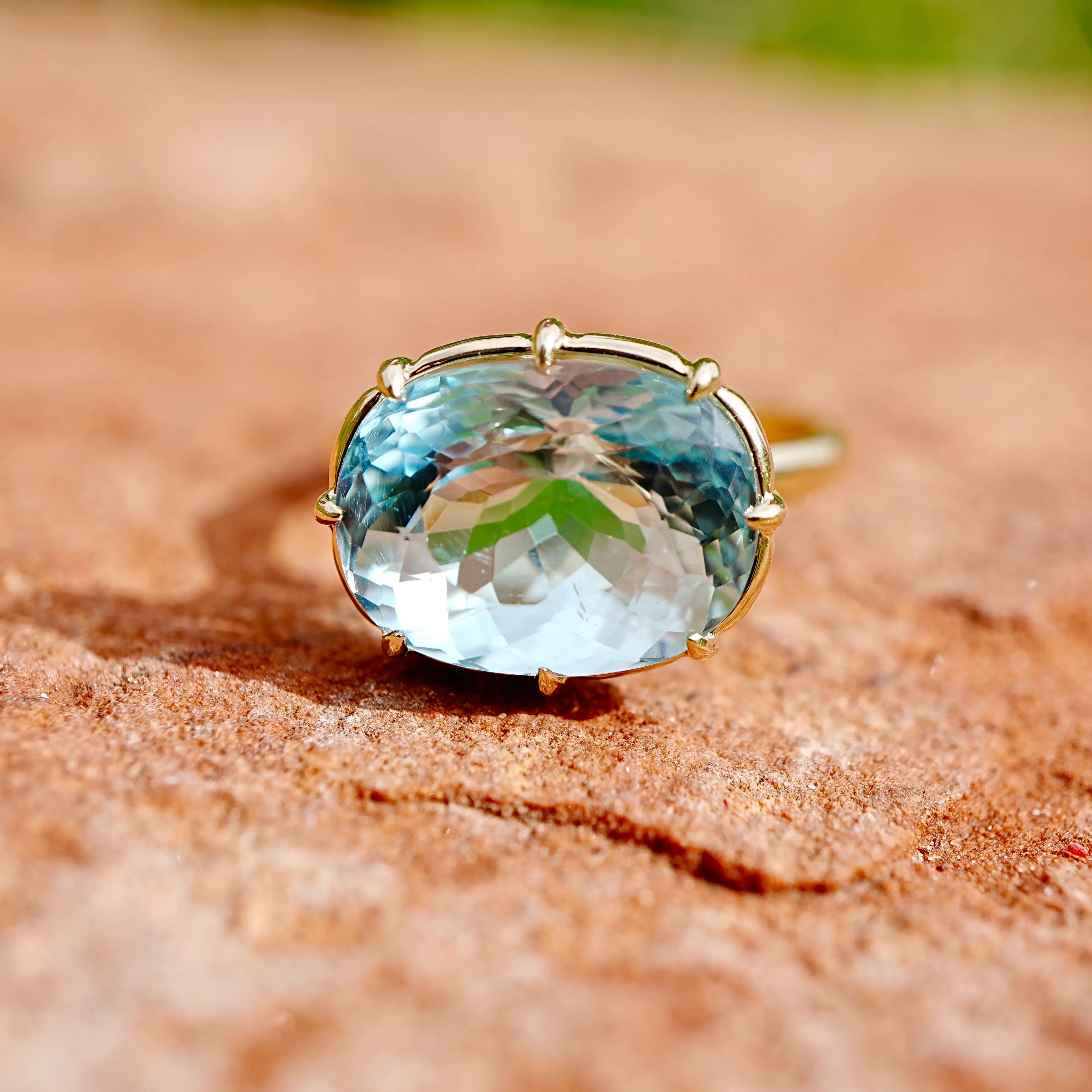 14K Solid Yellow Gold Aurea Certified Santa Maria Aquamarine East-West Ring - 7.31ct (One-of-a-Kind)