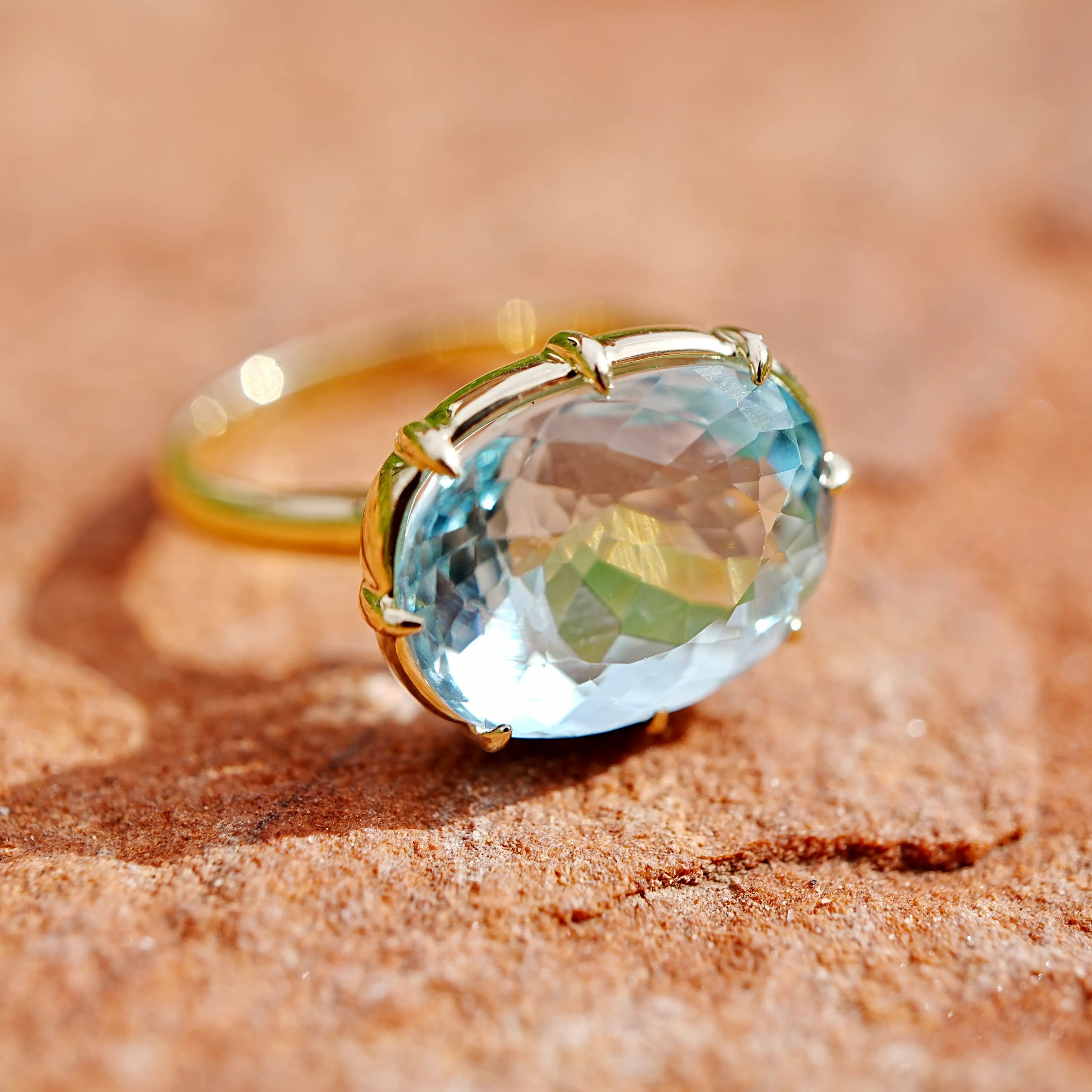 14K Solid Yellow Gold Aurea Certified Santa Maria Aquamarine East-West Ring - 7.31ct (One-of-a-Kind)