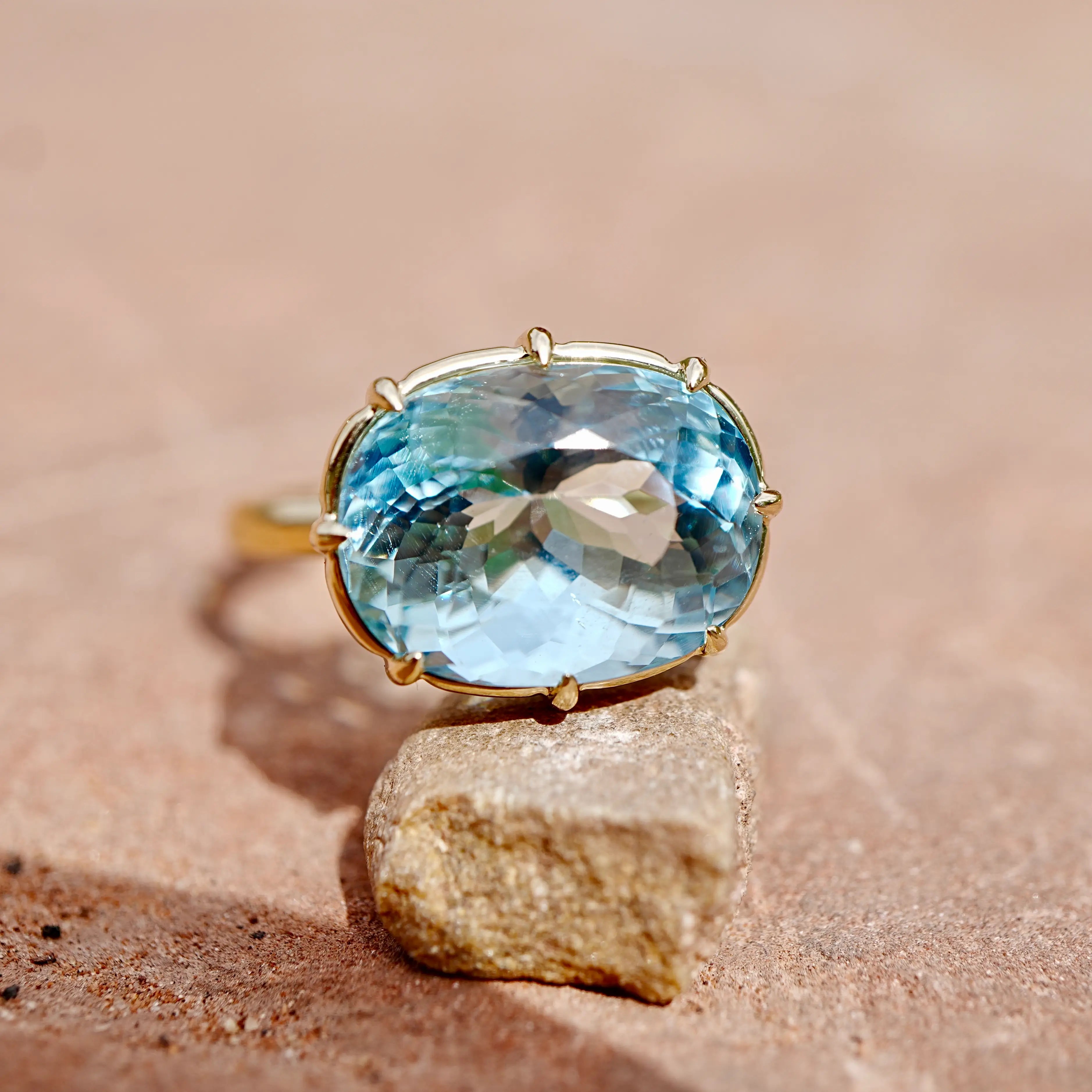 14K Solid Yellow Gold Aurea Certified Santa Maria Aquamarine East-West Ring - 7.31ct (One-of-a-Kind)