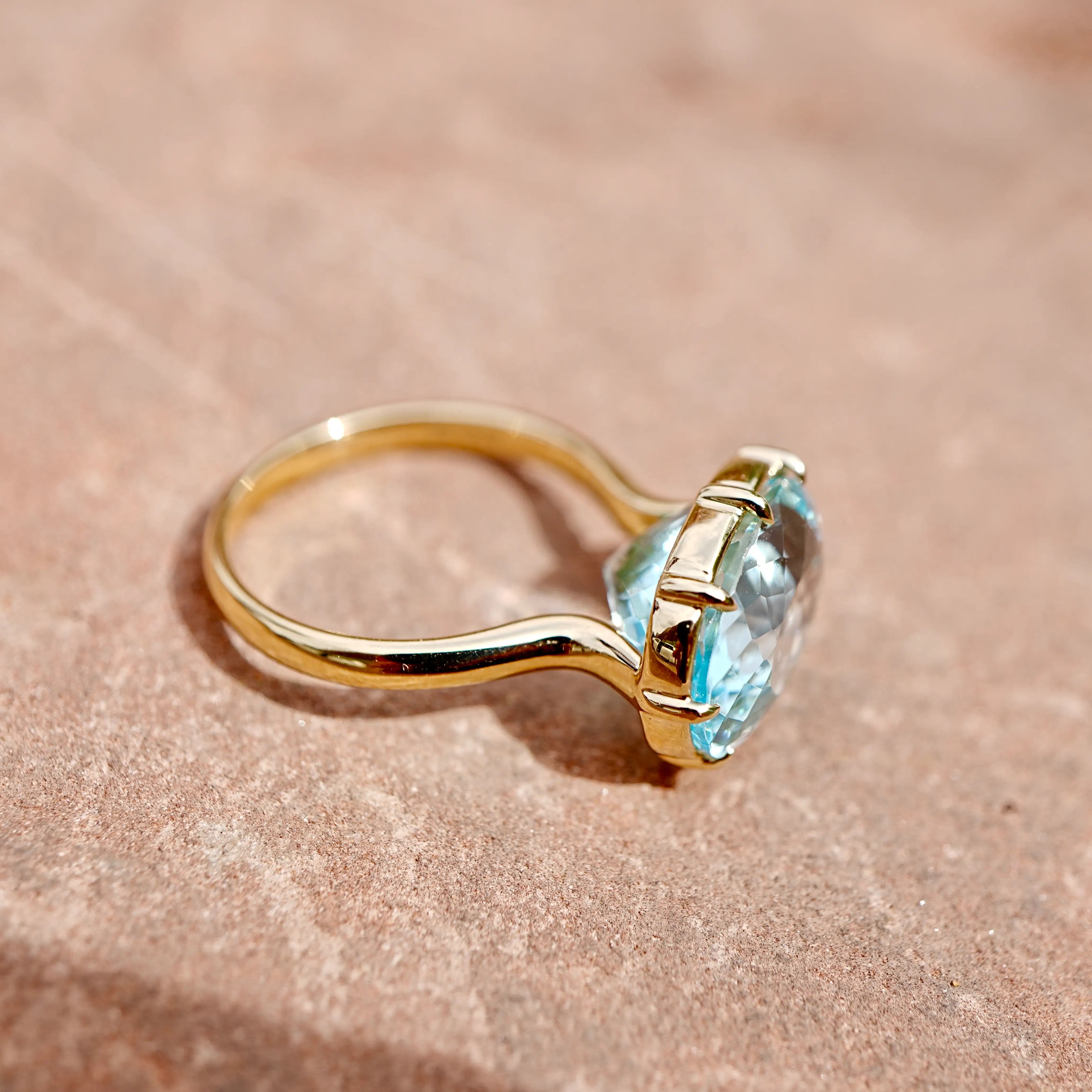 14K Solid Yellow Gold Aurea Certified Santa Maria Aquamarine East-West Ring - 7.31ct (One-of-a-Kind)