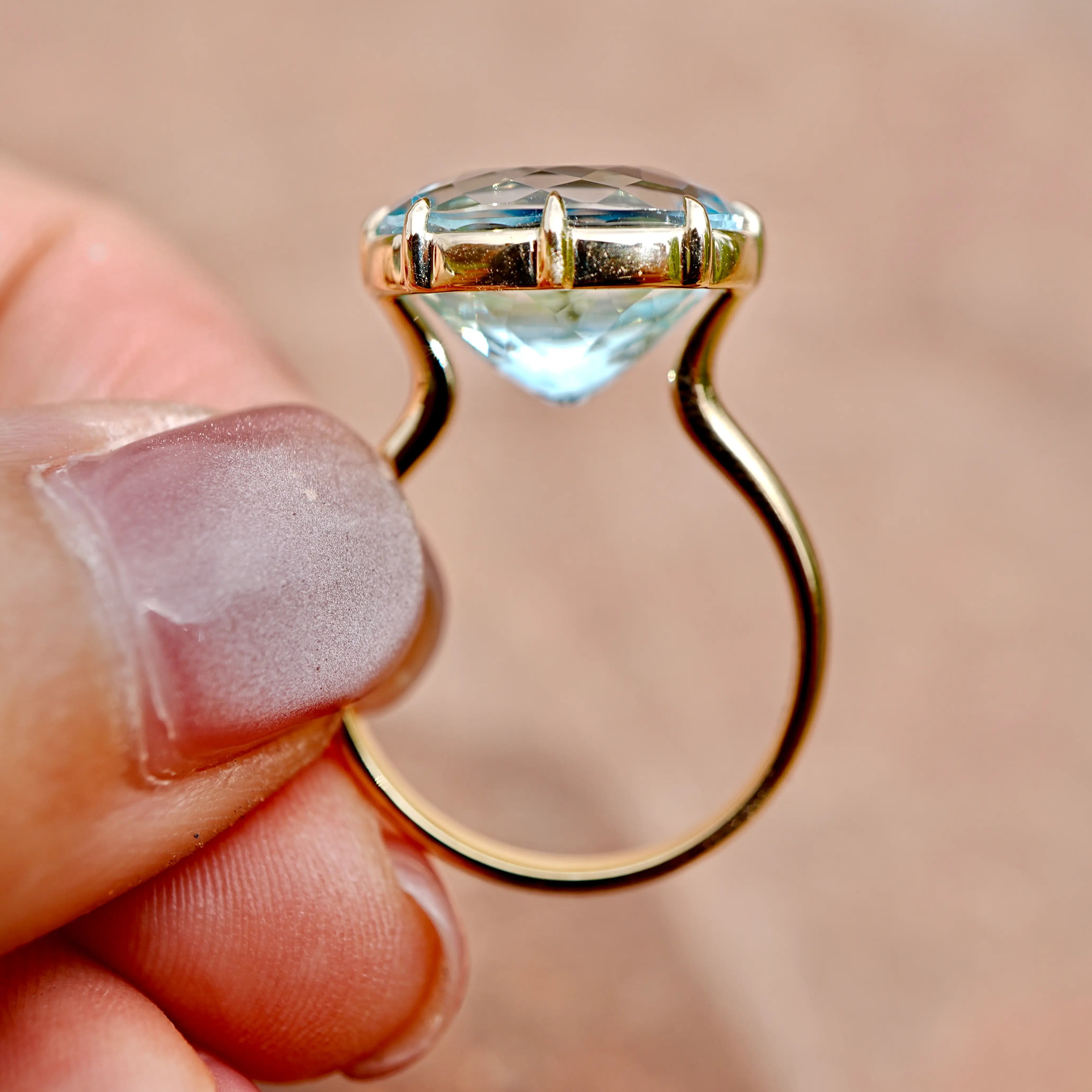 14K Solid Yellow Gold Aurea Certified Santa Maria Aquamarine East-West Ring - 7.31ct (One-of-a-Kind)