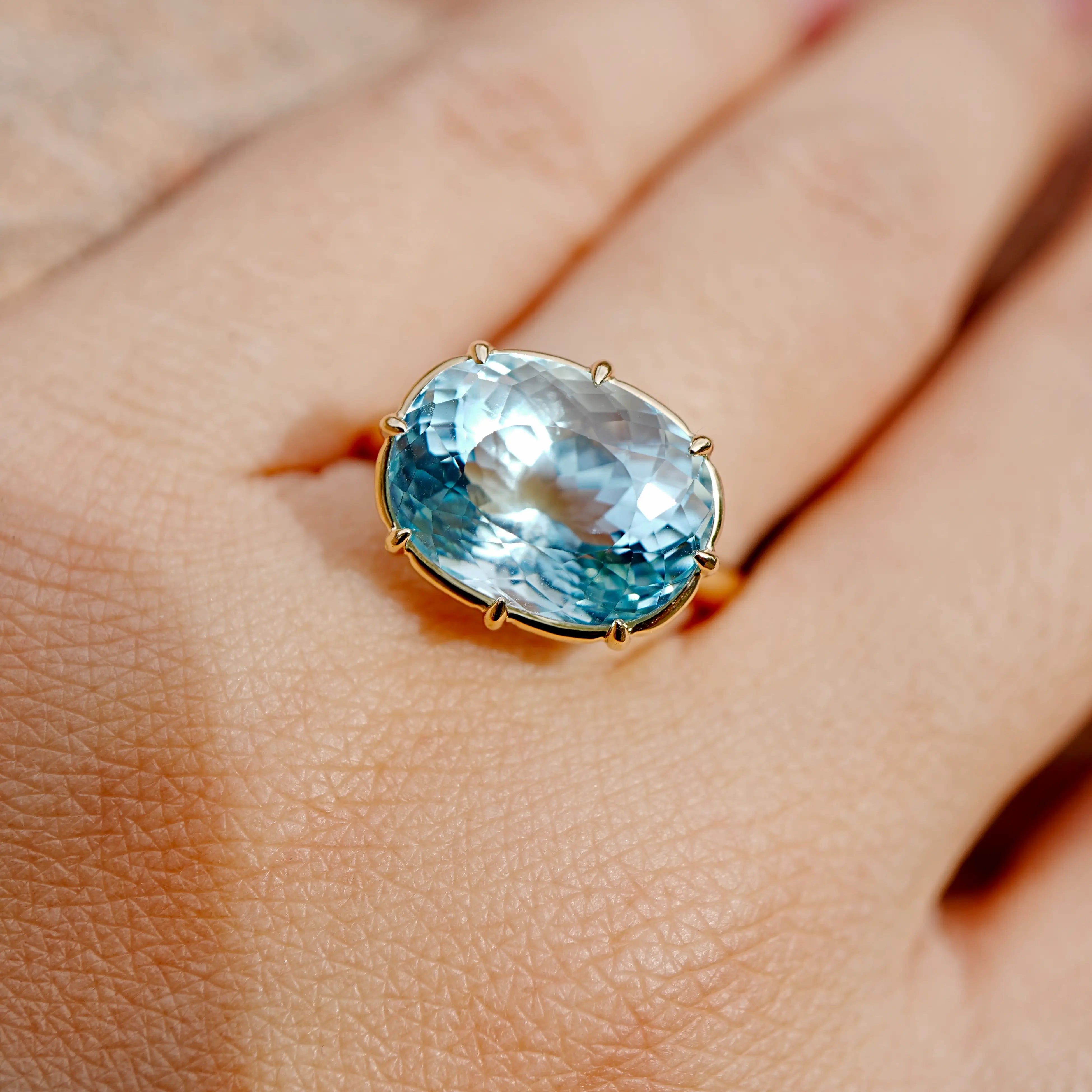 14K Solid Yellow Gold Aurea Certified Santa Maria Aquamarine East-West Ring - 7.31ct (One-of-a-Kind)
