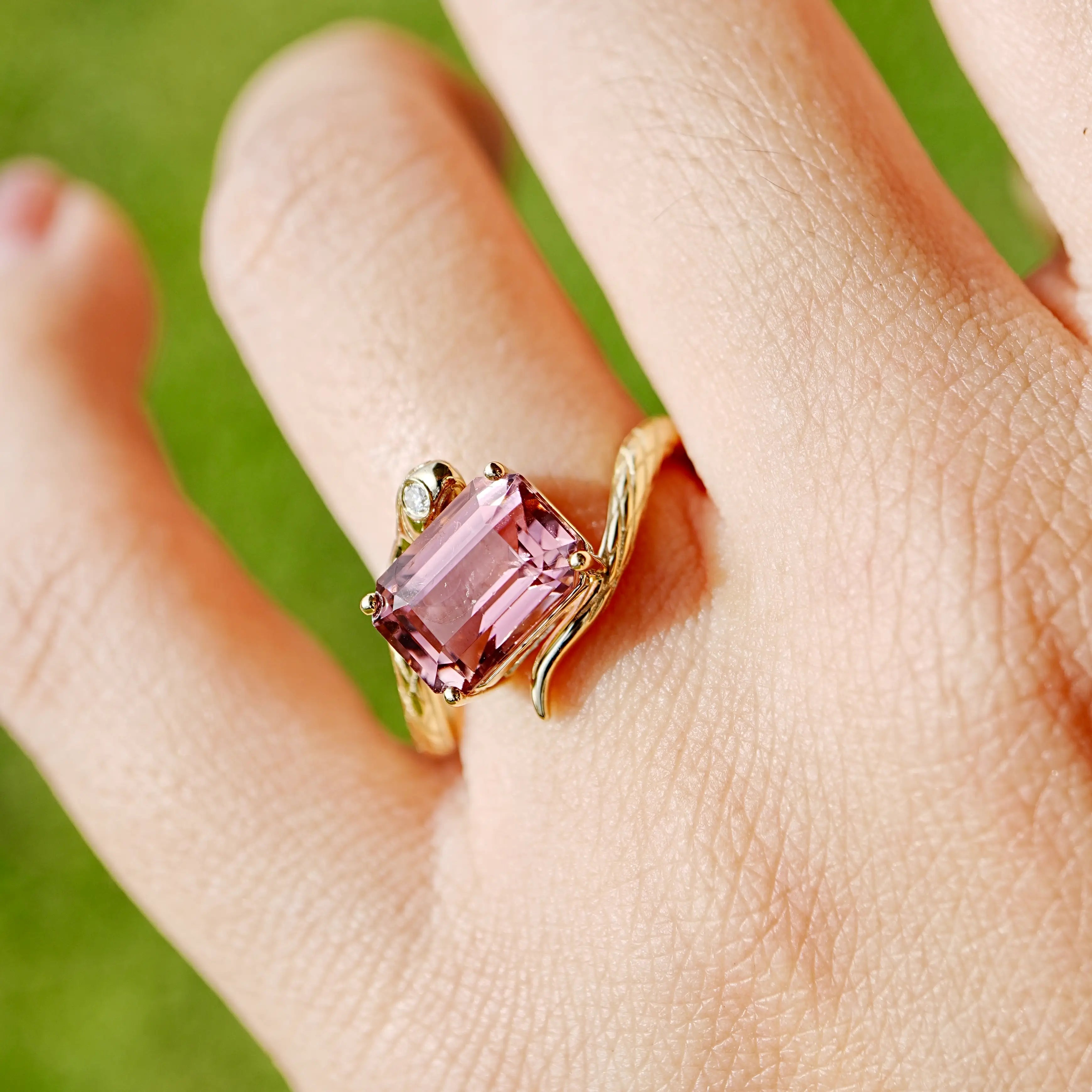 Kai One-of-a-Kind Snake Protection 2.64ctw Natural Pink Tourmaline & Diamond East-West Ring in 14k Yellow gold