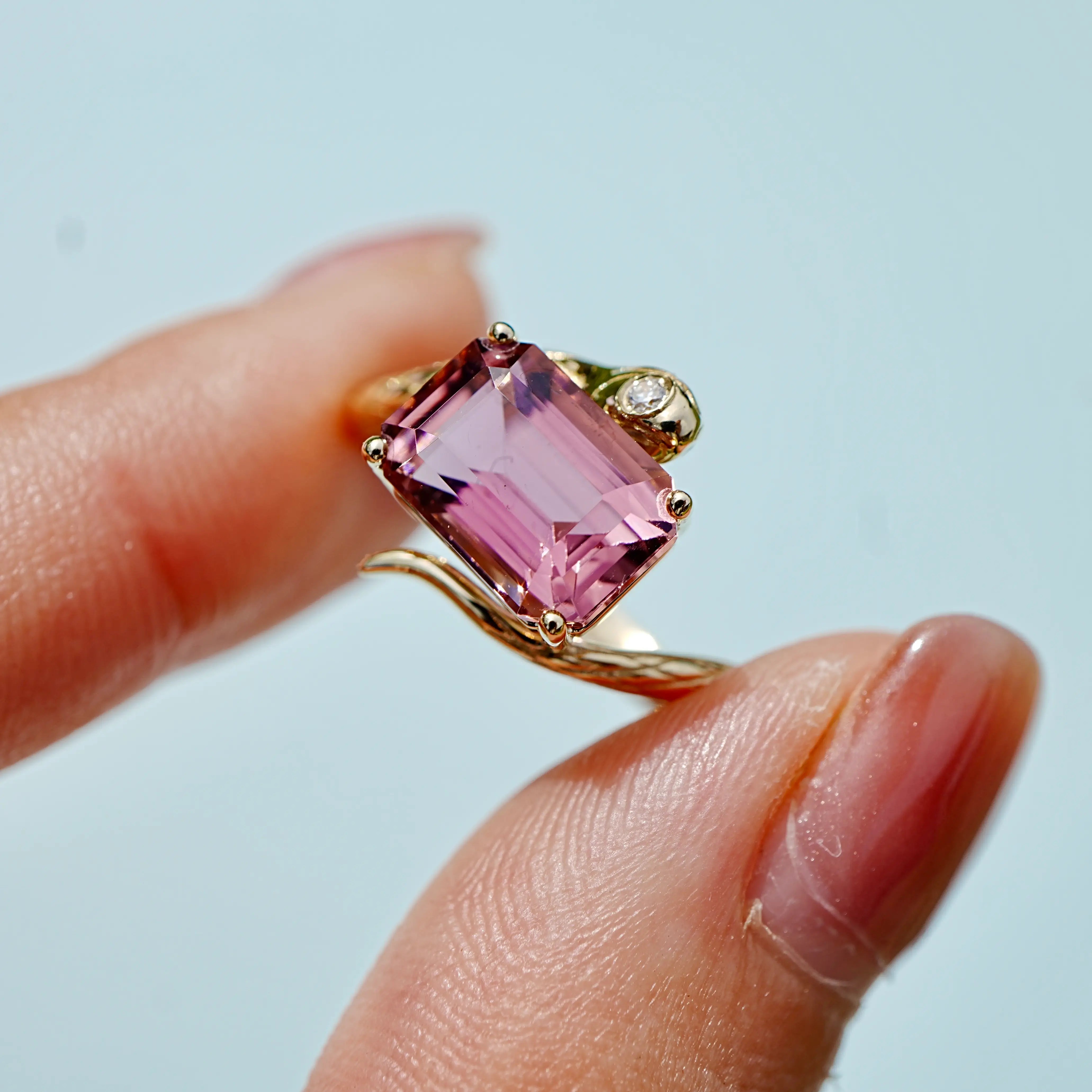 Kai One-of-a-Kind Snake Protection 2.64ctw Natural Pink Tourmaline & Diamond East-West Ring in 14k Yellow gold