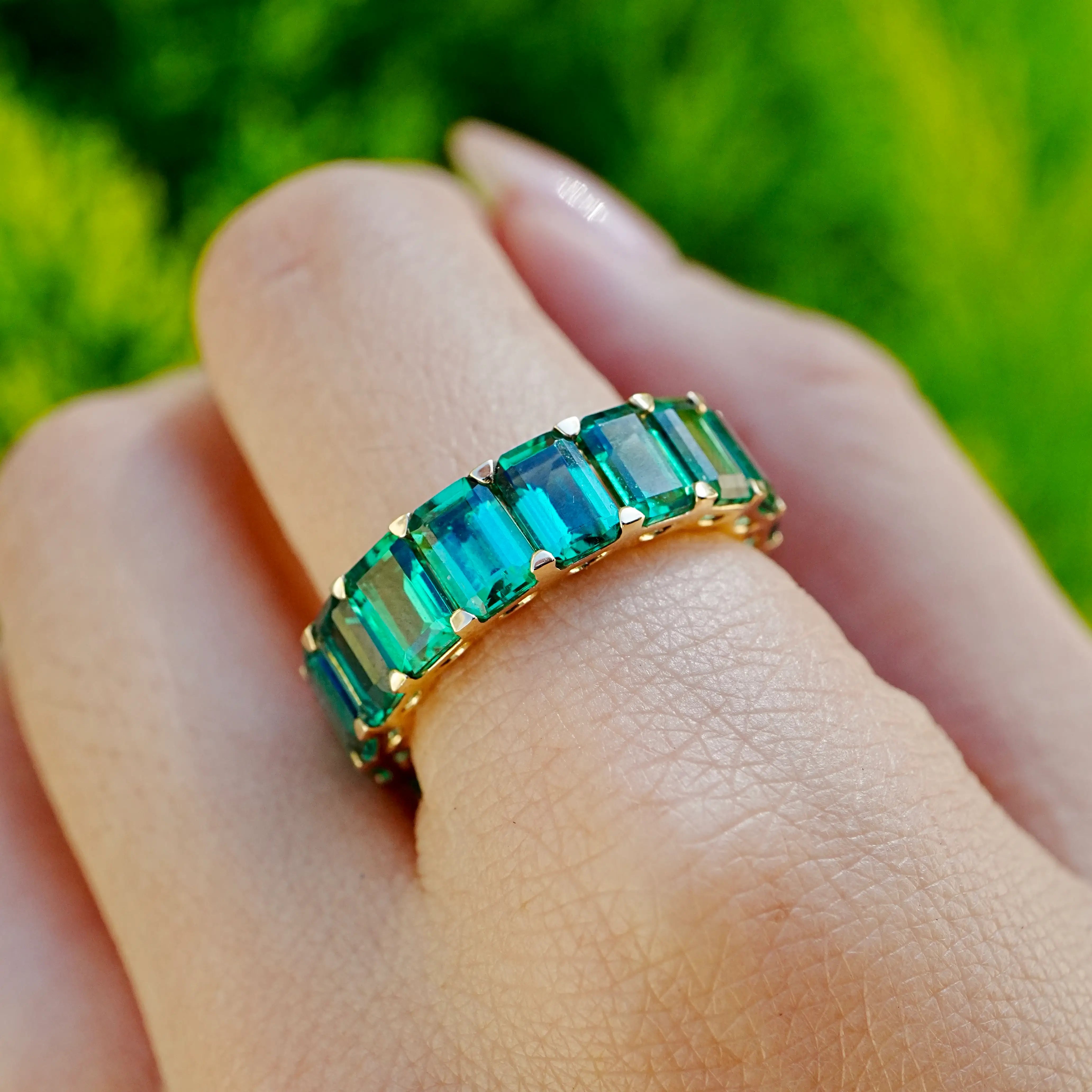 Nora 9.50ctw Lab Grown Emerald Eternity Ring in 14k yellow gold