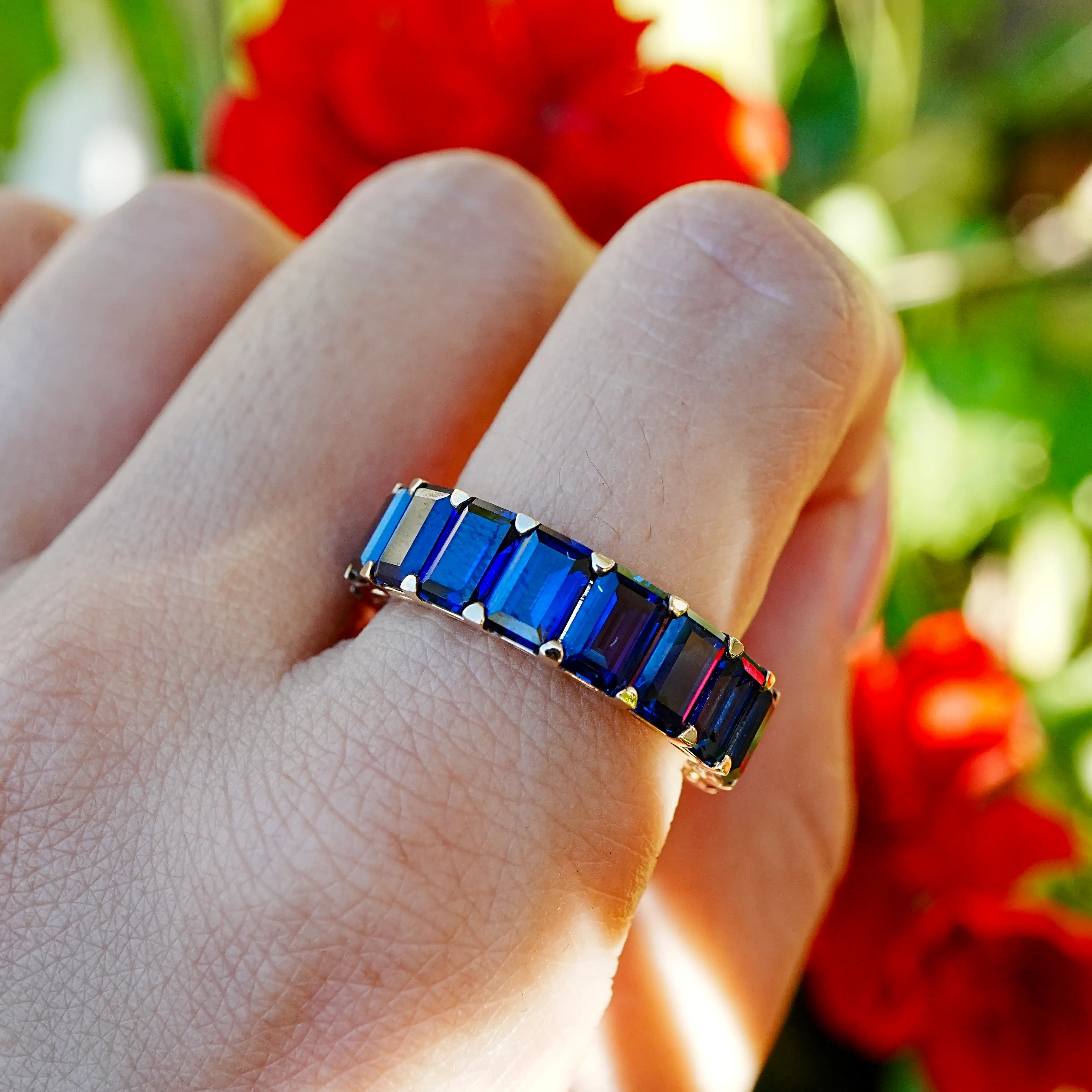 Nora 12.50 ctw Emerald-Cut Lab Grown Sapphire Eternity Ring in 14k yellow Gold