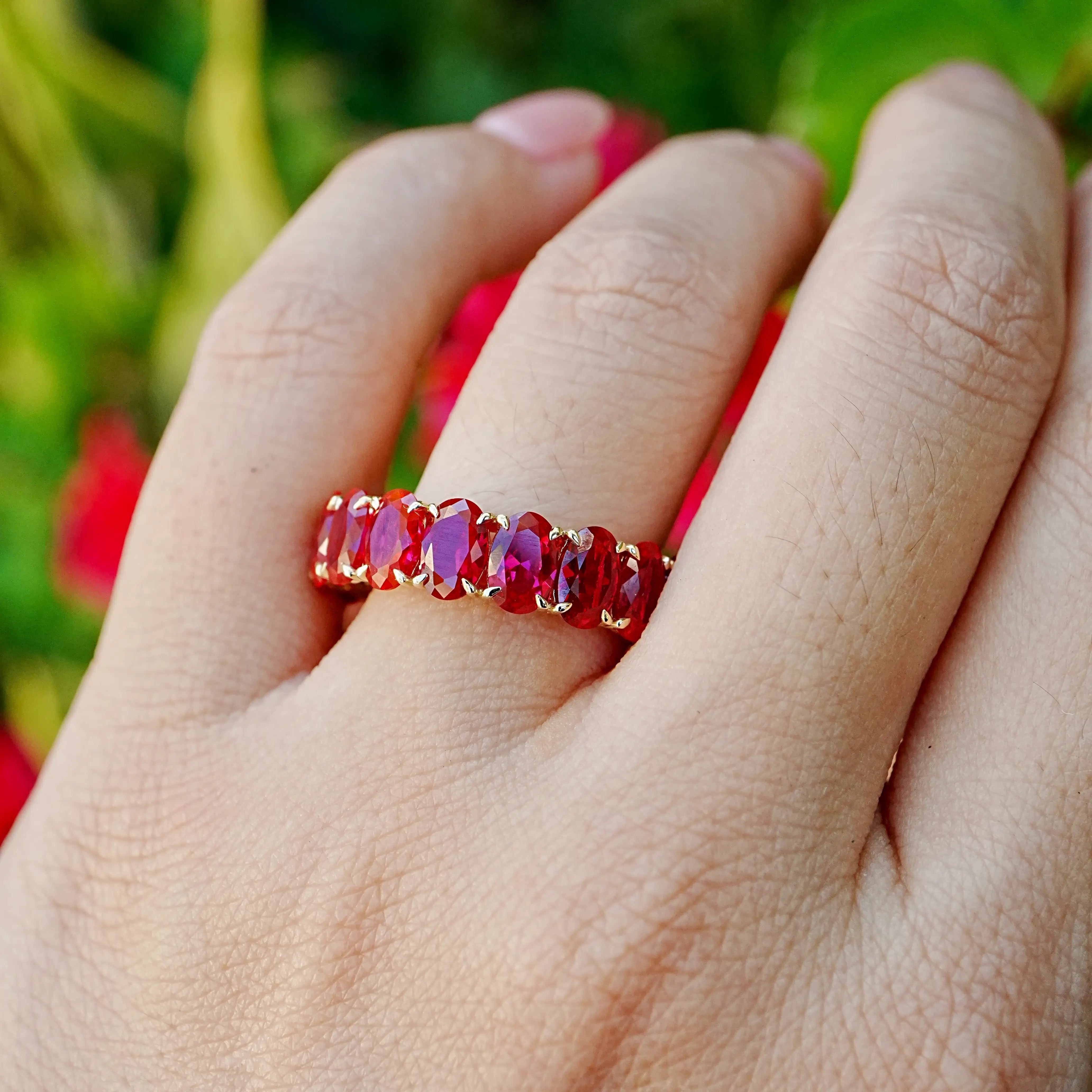 Nora 11.50 ctw Oval Lab Grown Ruby Eternity Ring in 14k yellow gold