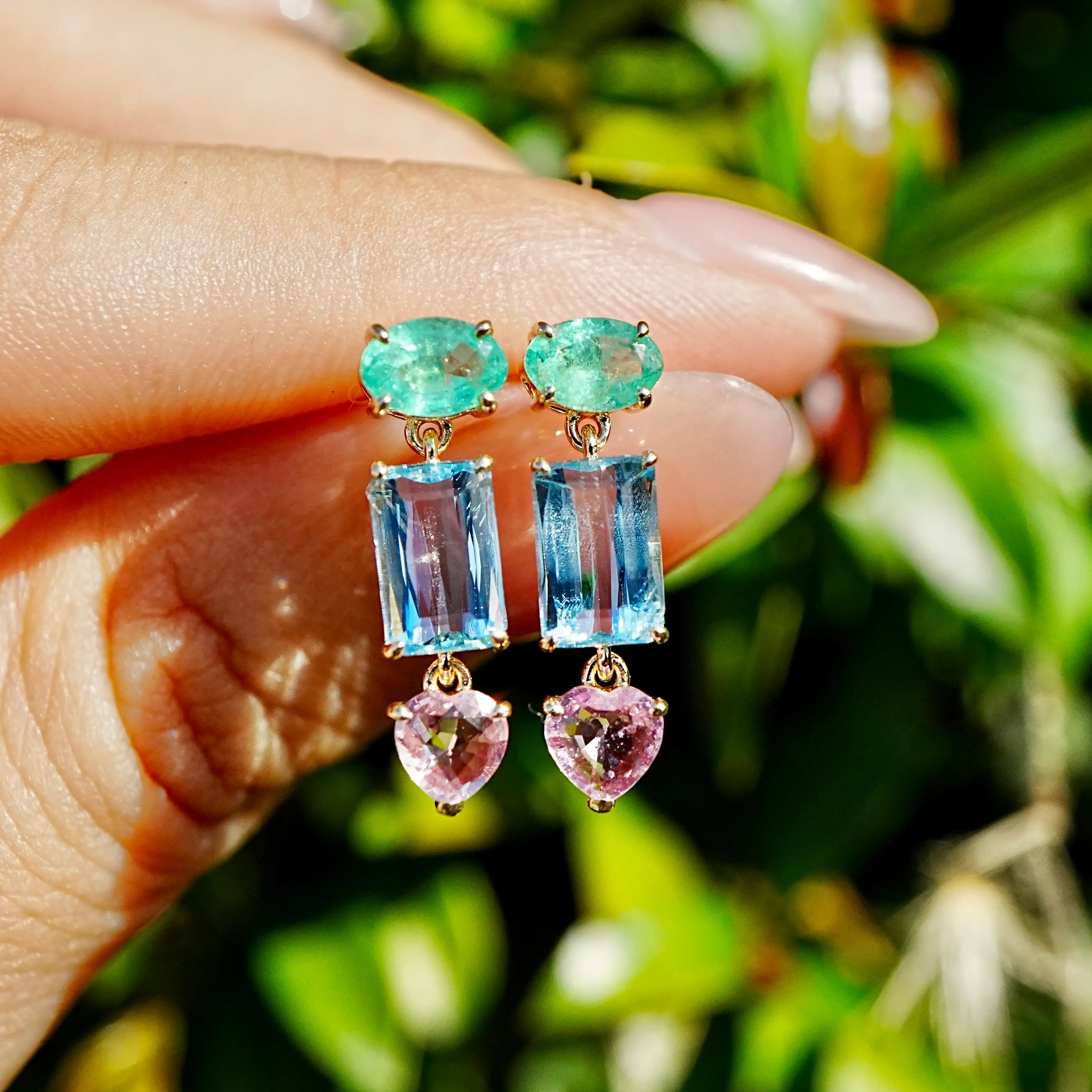 14k yellow gold Garden Melody 3.61 ctw natural Emerald, Aquamarine & Pink Sapphire Drop Earrings (One-of-a-Kind)