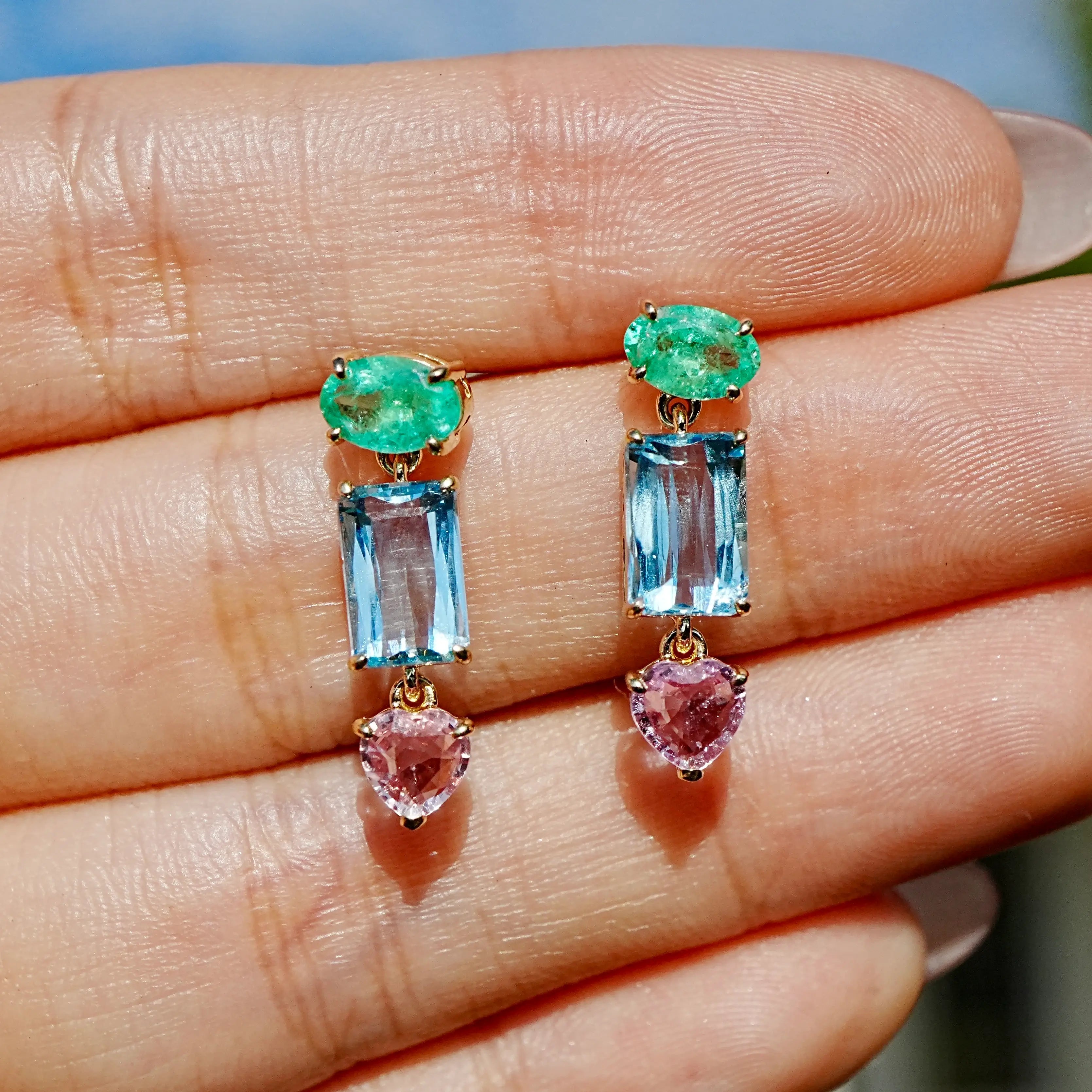14k yellow gold Garden Melody 3.61 ctw natural Emerald, Aquamarine & Pink Sapphire Drop Earrings (One-of-a-Kind)