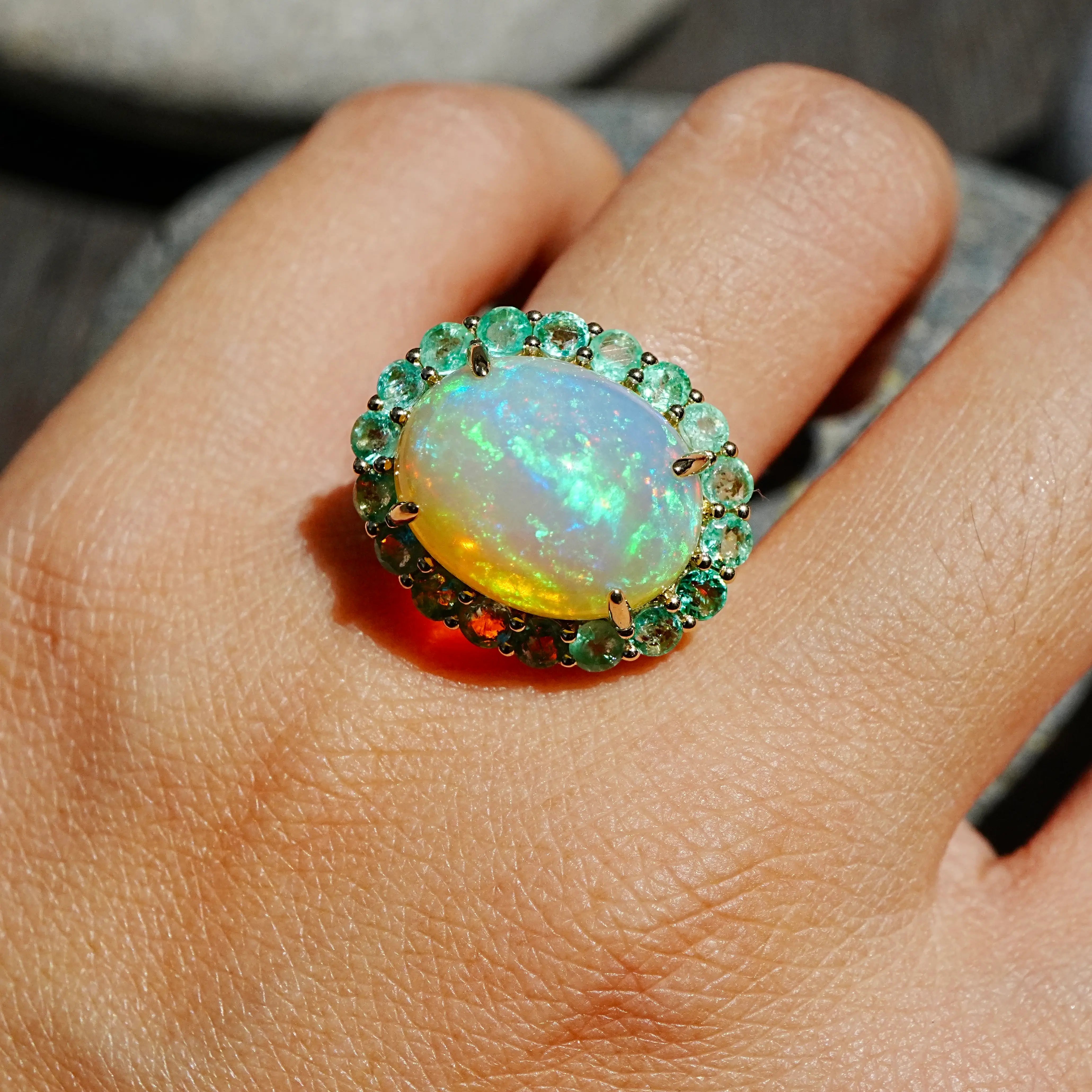 kai fine jewelry Eden Halo 8.58 ctw Natural Opal & Emerald East-West Ring in 14k yellow gold size 7(One-of-a-Kind)