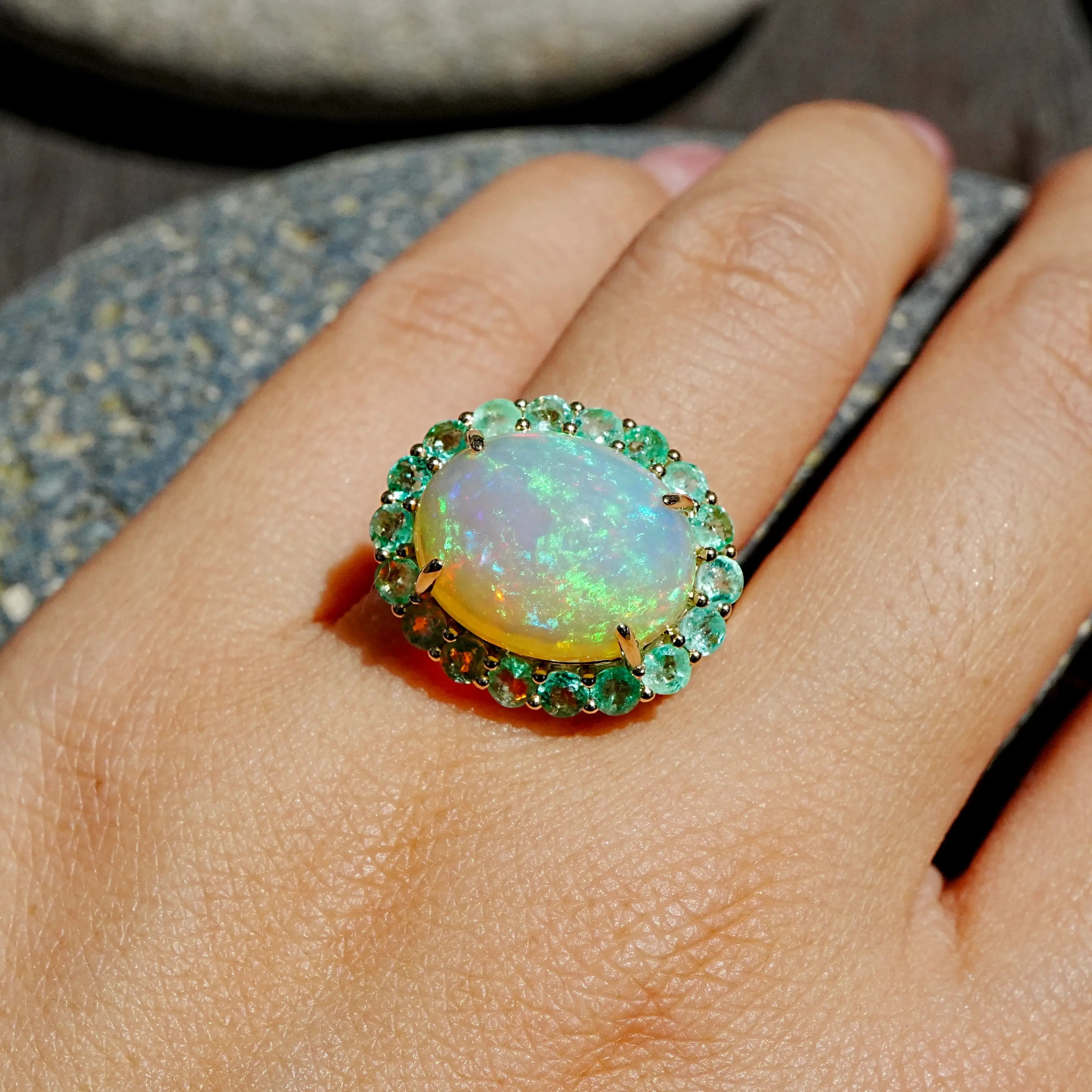 kai fine jewelry Eden Halo 8.58 ctw Natural Opal & Emerald East-West Ring in 14k yellow gold size 7(One-of-a-Kind)