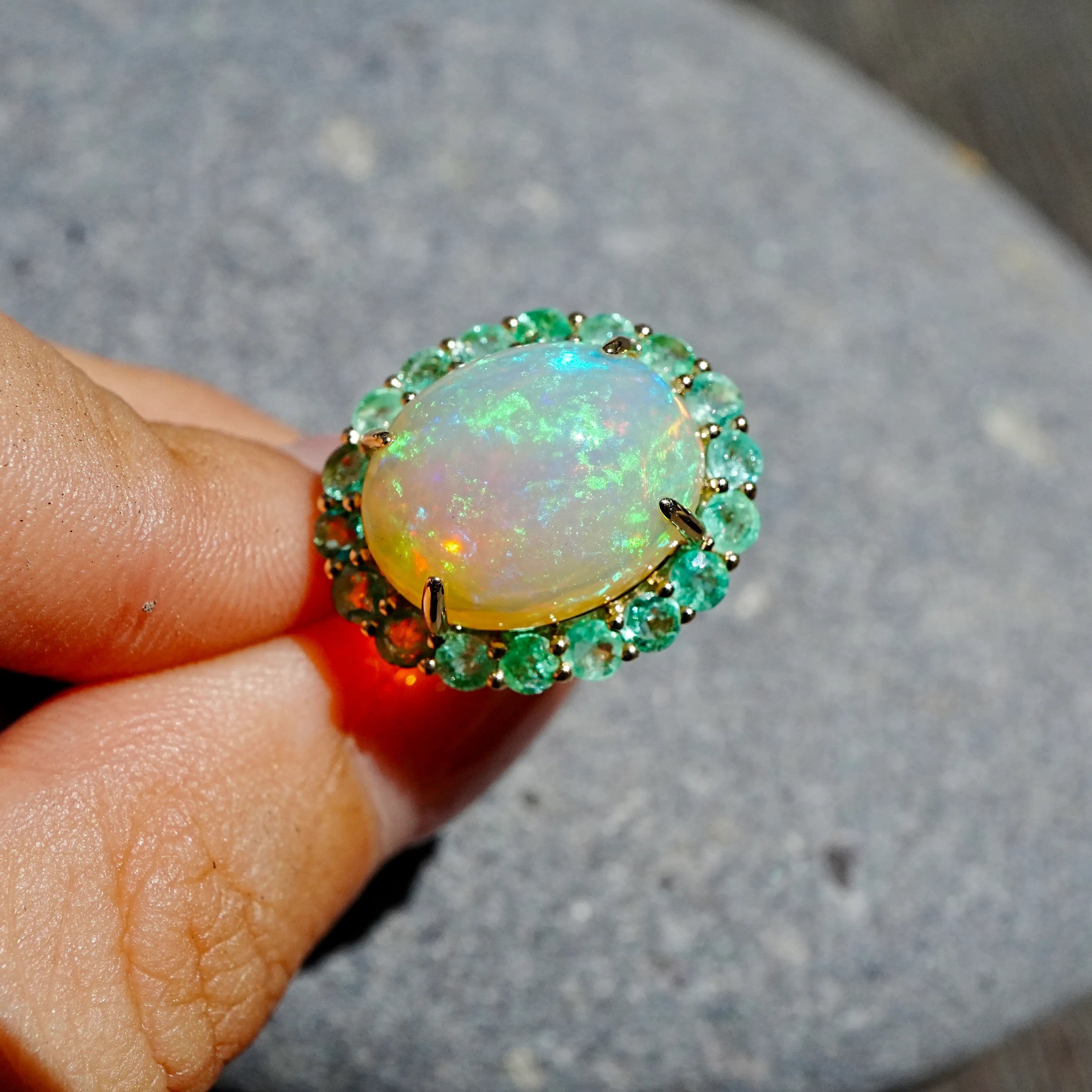 kai fine jewelry Eden Halo 8.58 ctw Natural Opal & Emerald East-West Ring in 14k yellow gold size 7(One-of-a-Kind)