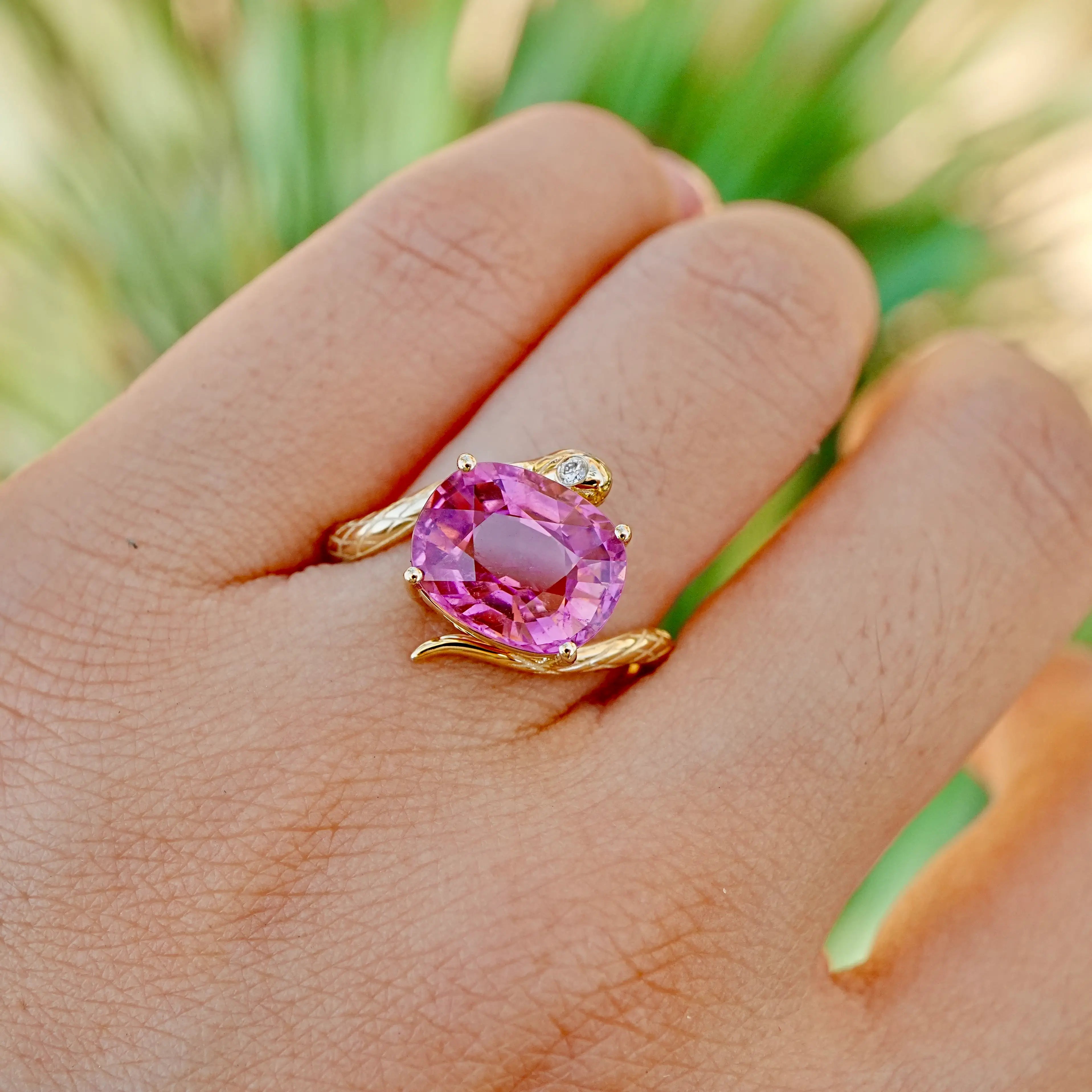 kai fine jewelry Snake Protection 3.79 ct Natural Pink Tourmaline & Diamond East-West Ring in 14k yellow gold size 7 (One-of-a-Kind)