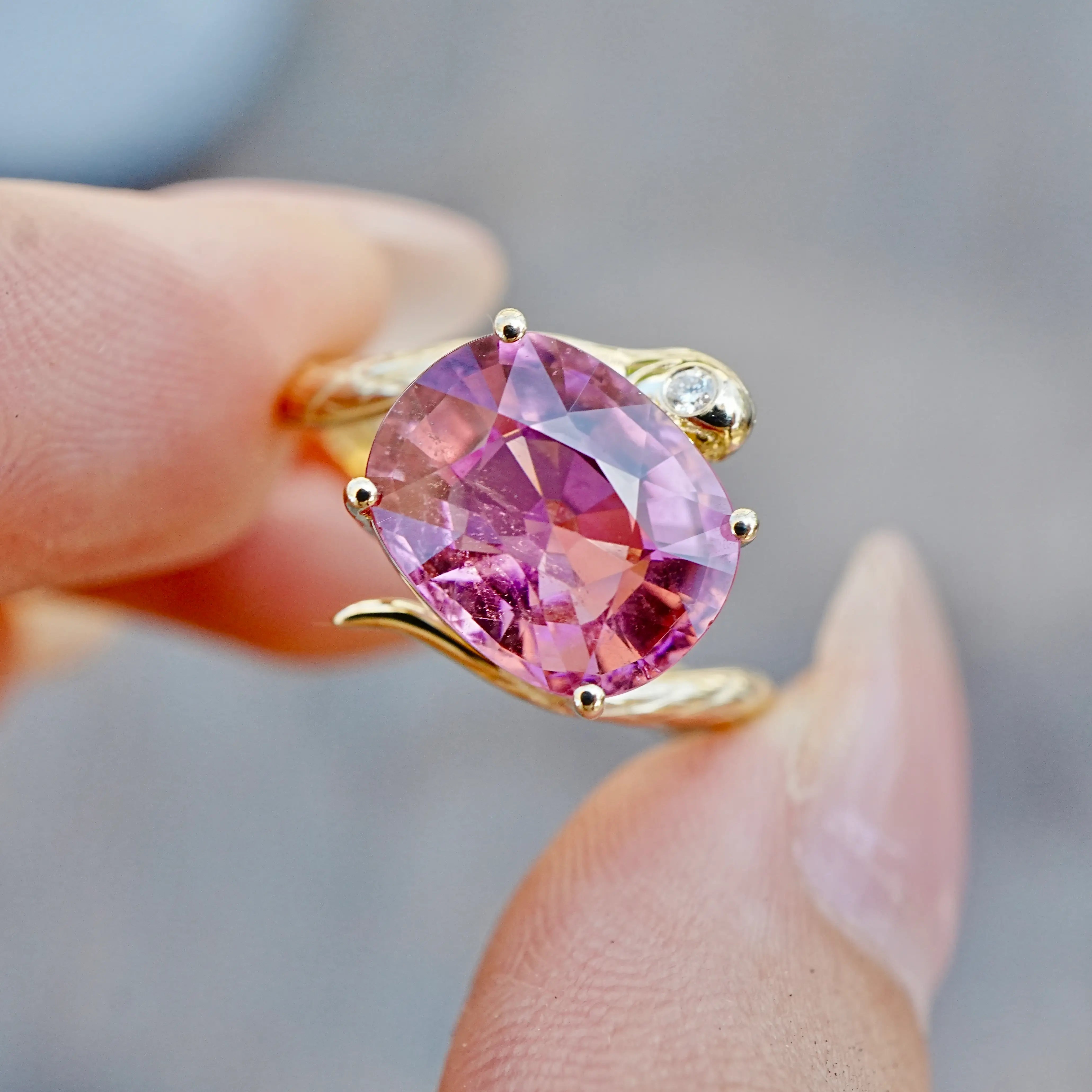 kai fine jewelry Snake Protection 3.79 ct Natural Pink Tourmaline & Diamond East-West Ring in 14k yellow gold size 7 (One-of-a-Kind)