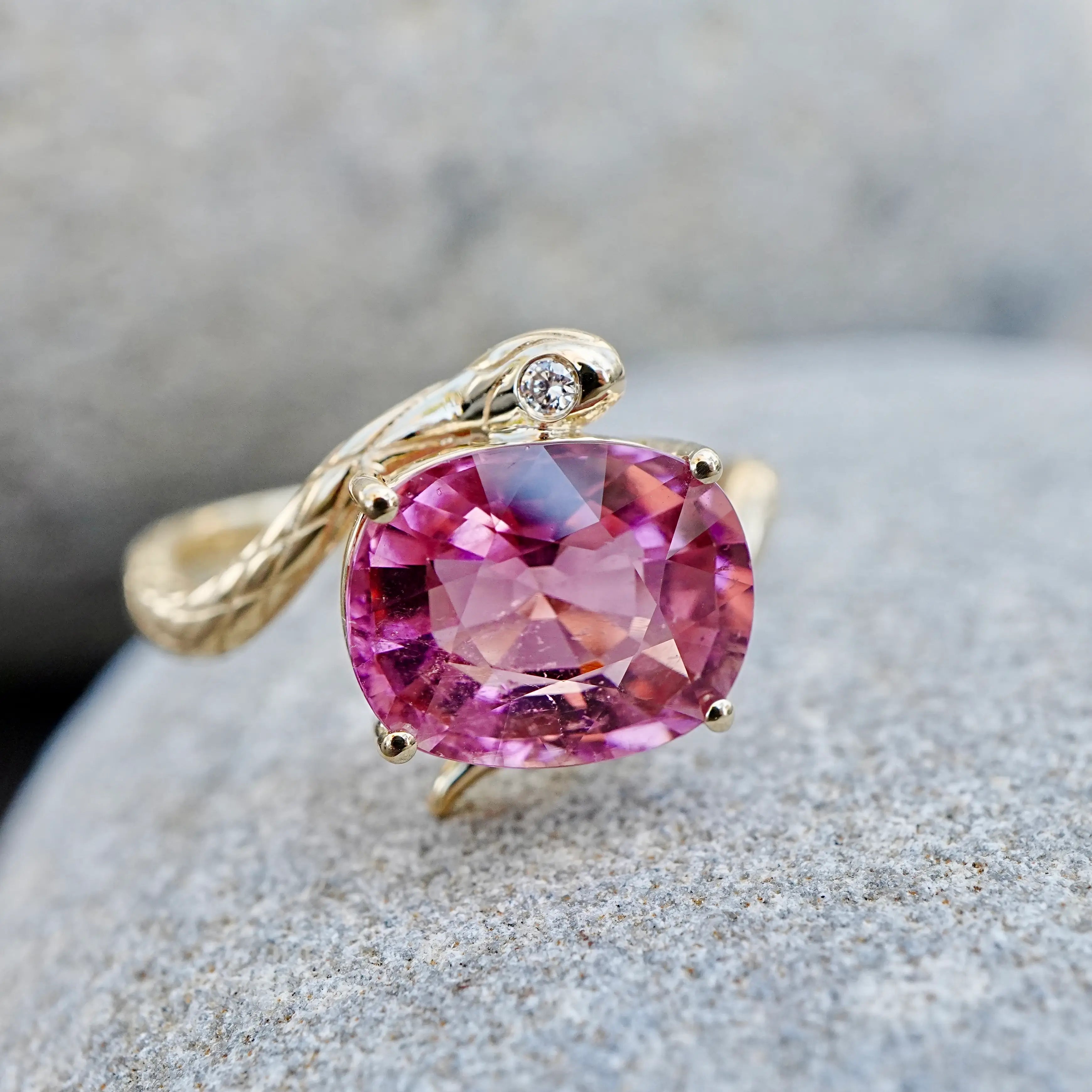 kai fine jewelry Snake Protection 3.79 ct Natural Pink Tourmaline & Diamond East-West Ring in 14k yellow gold size 7 (One-of-a-Kind)