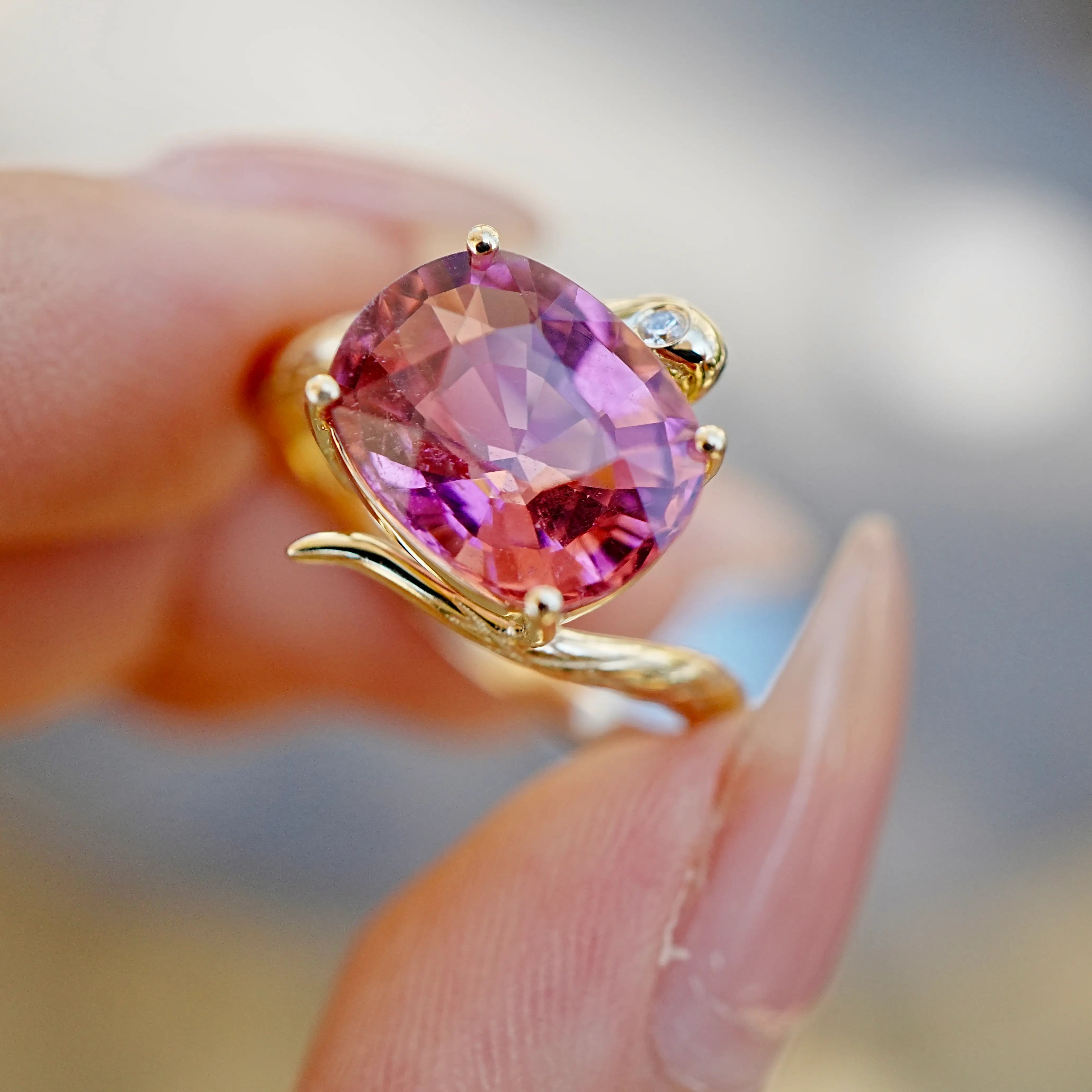 kai fine jewelry Snake Protection 3.79 ct Natural Pink Tourmaline & Diamond East-West Ring in 14k yellow gold size 7 (One-of-a-Kind)