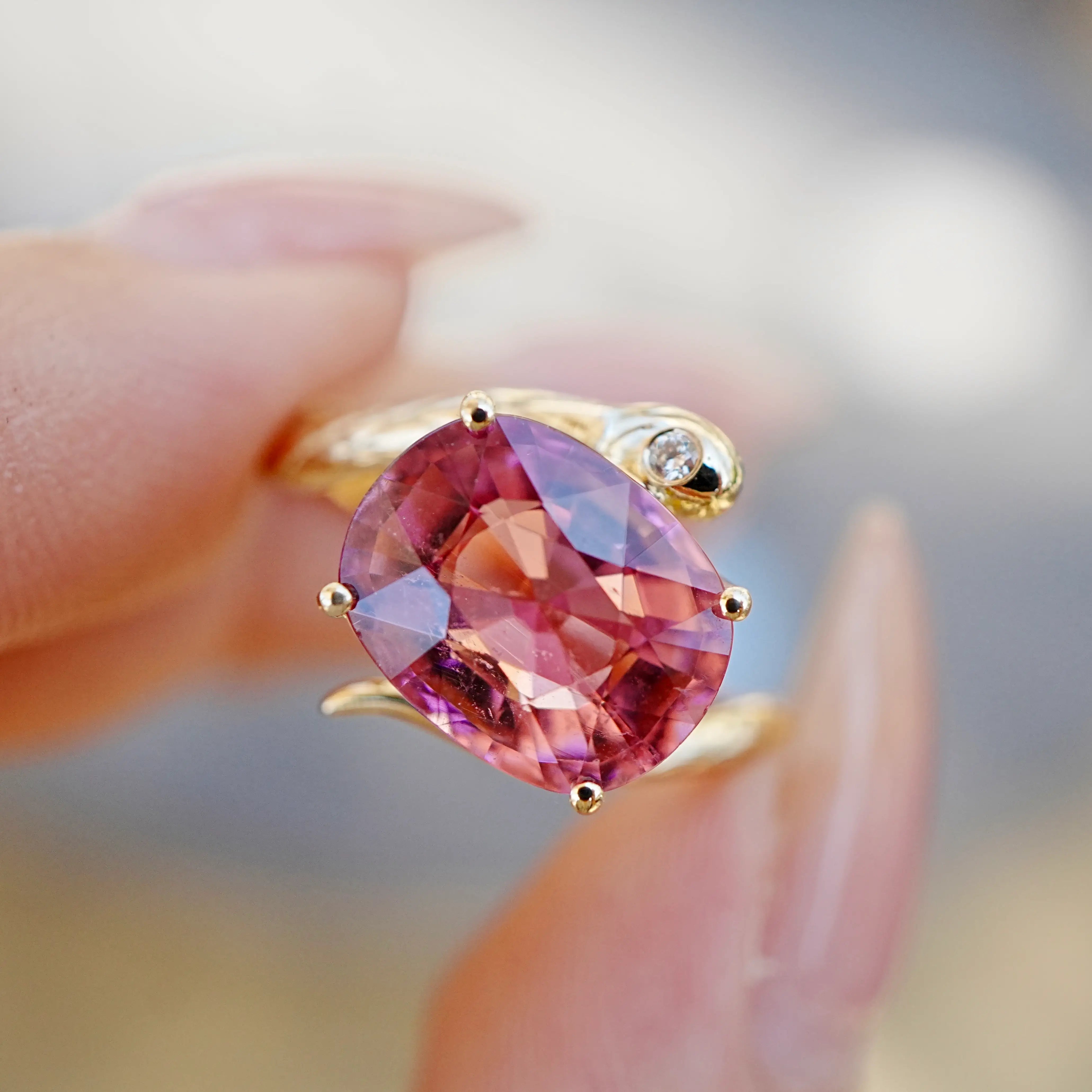 kai fine jewelry Snake Protection 3.79 ct Natural Pink Tourmaline & Diamond East-West Ring in 14k yellow gold size 7 (One-of-a-Kind)